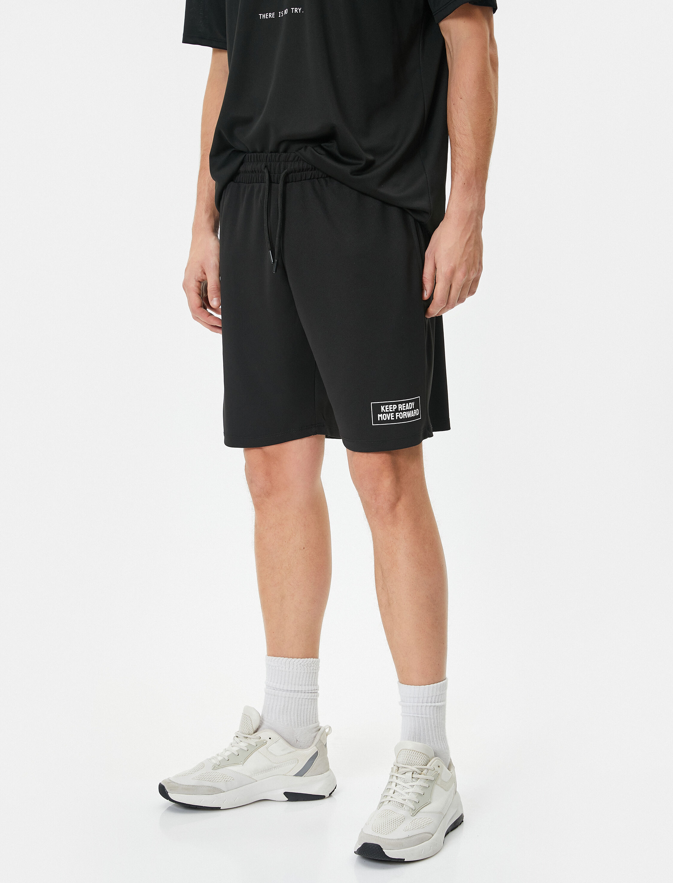   Spor Şort Beli Bağcıklı Slogan Baskılı Cepli