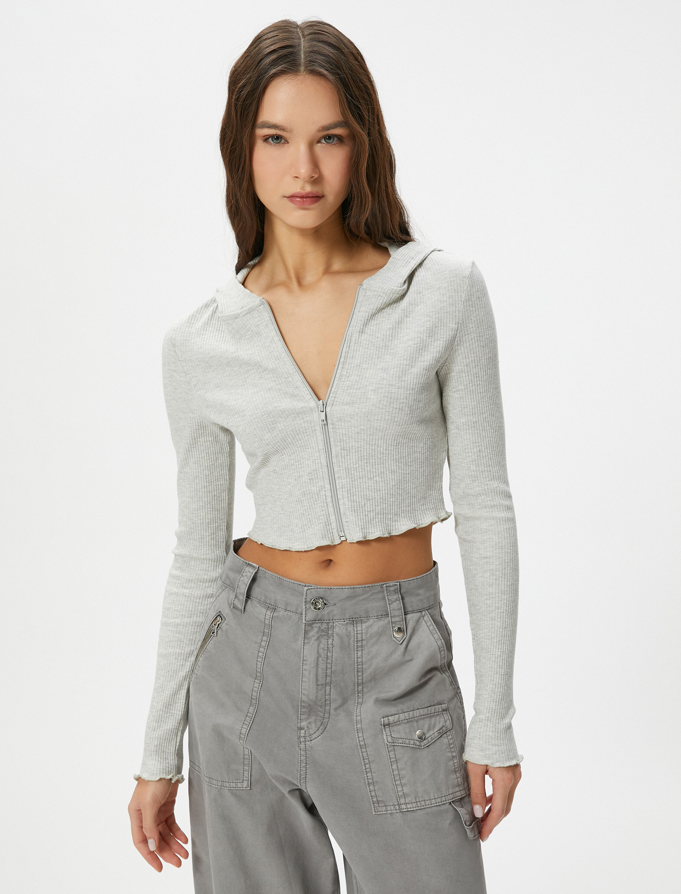   Crop Kapüşonlu Hırka Fermuarlı Uzun Kollu Slim Fit Kaşkorse