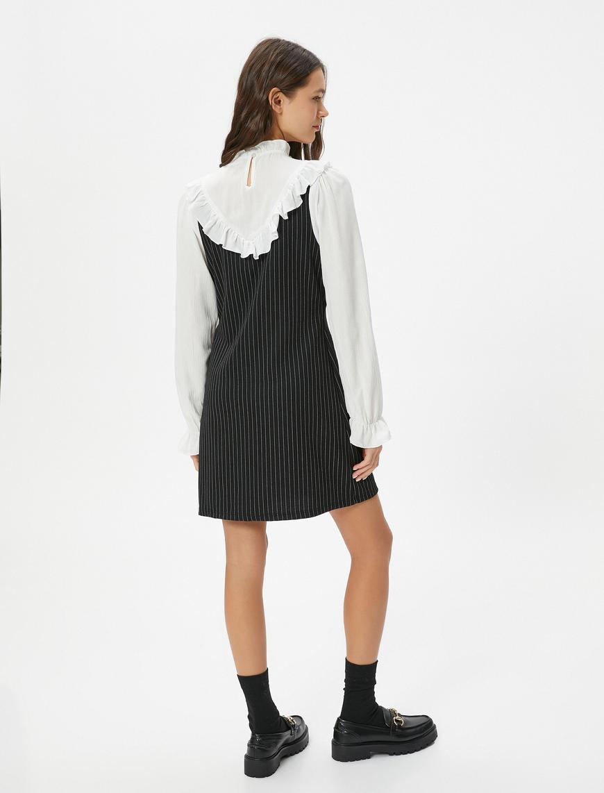   Mini Elbise Çift Kumaş Kullanımlı Fırfırlı Dik Yaka Renk Kontrastlı Uzun Kollu