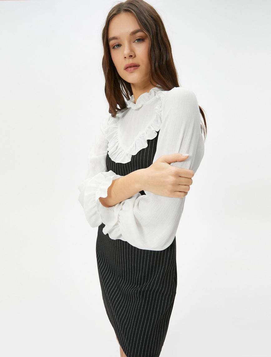   Mini Elbise Çift Kumaş Kullanımlı Fırfırlı Dik Yaka Renk Kontrastlı Uzun Kollu