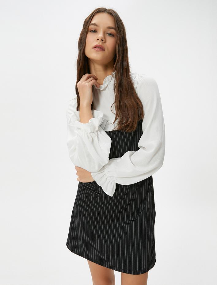  Mini Elbise Çift Kumaş Kullanımlı Fırfırlı Dik Yaka Renk Kontrastlı Uzun Kollu