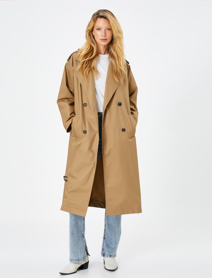  Trençkot Midi Boy Kuşaklı Cep Detaylı Düğmeli