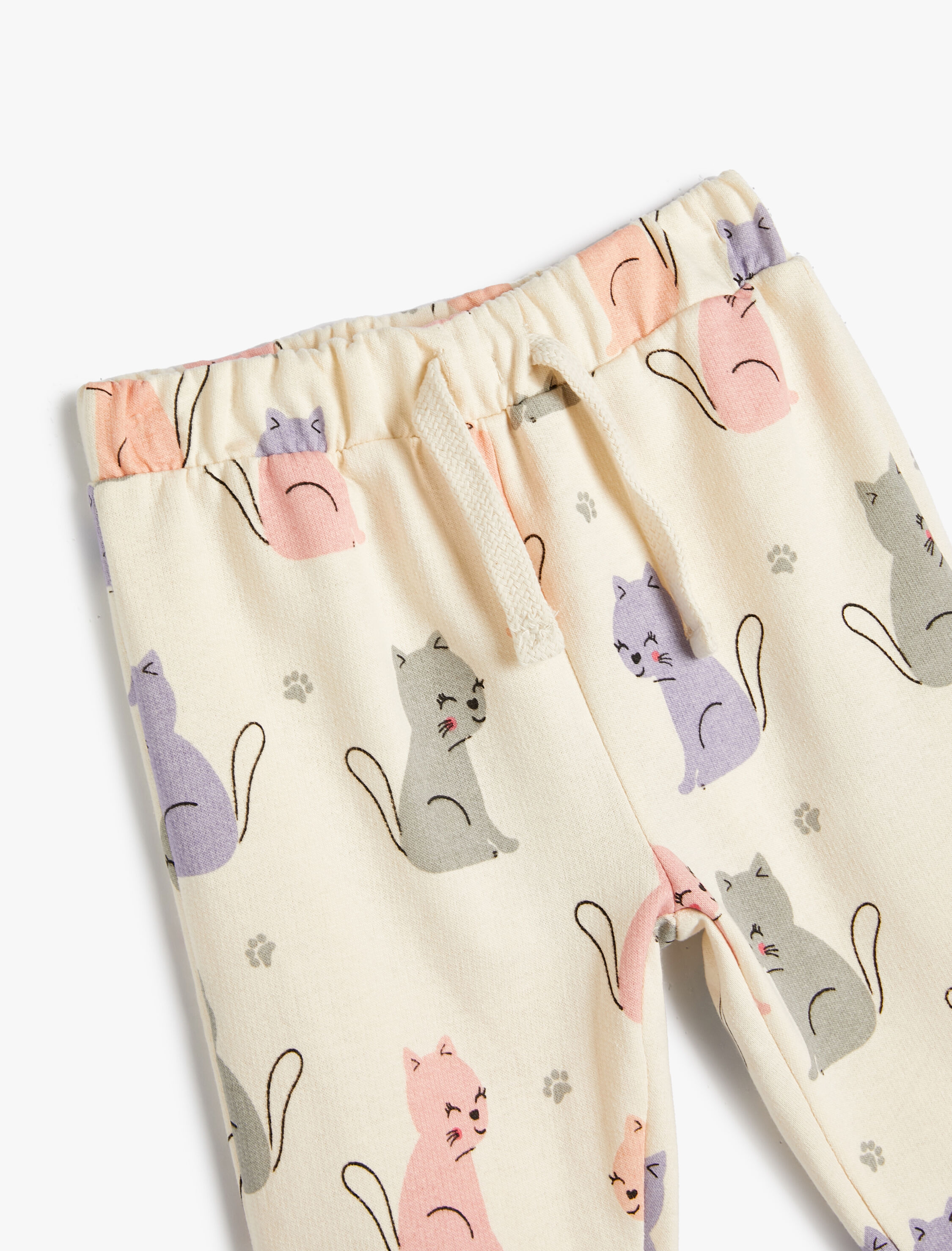  Kız Bebek Jogger Eşofman Altı Kedi Baskılı Beli Bağcıklı Pamuklu