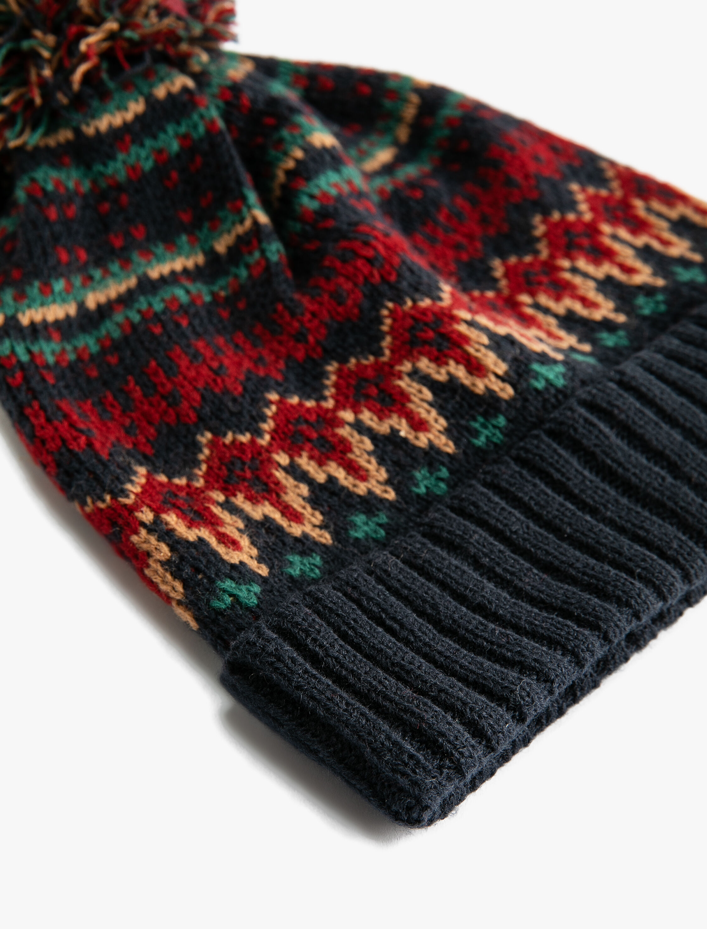 Erkek Örgü Bere Etnik Desenli Ponpon Detaylı Katlamalı