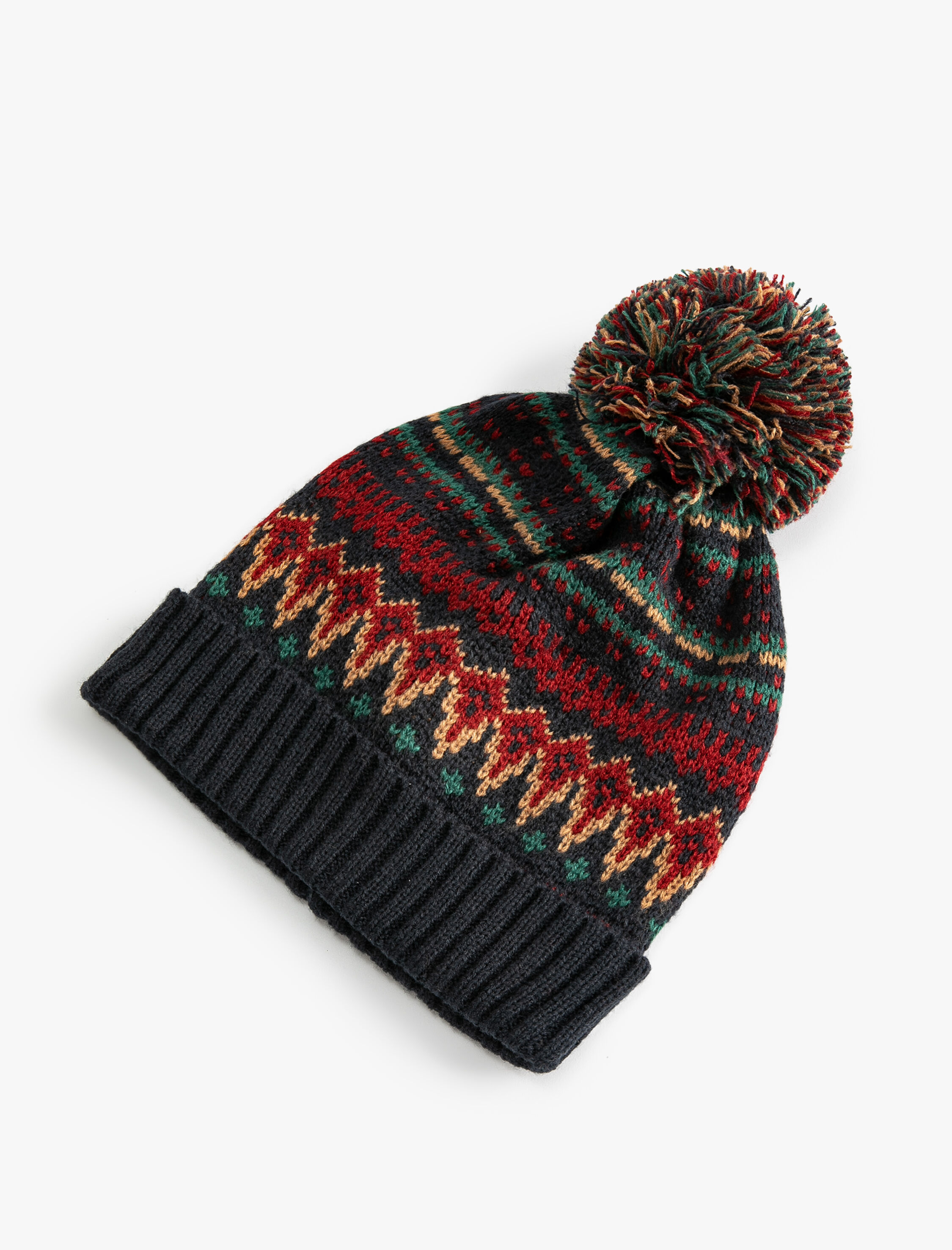 Erkek Örgü Bere Etnik Desenli Ponpon Detaylı Katlamalı