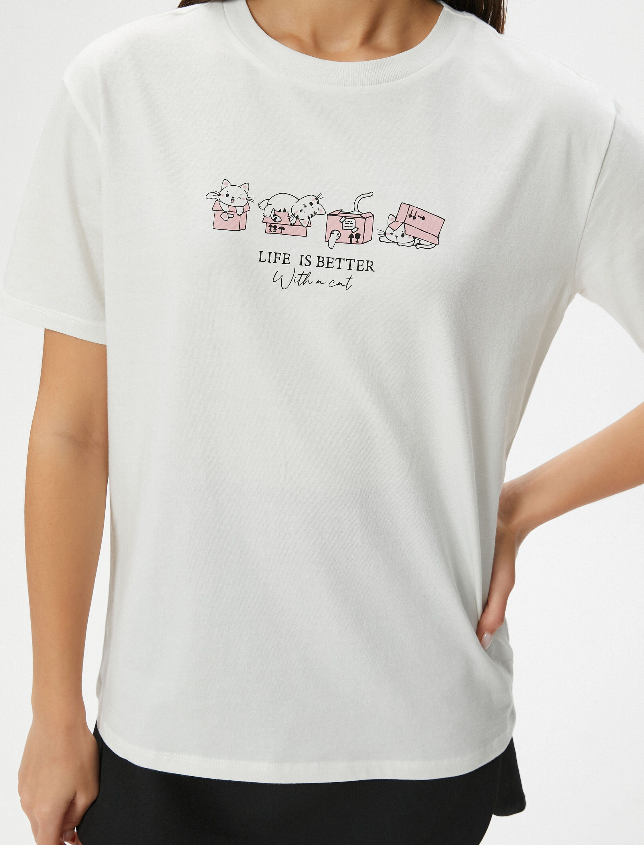 Kedi Baskılı Tişört Kısa Kollu Bisiklet Yaka Pamuklu