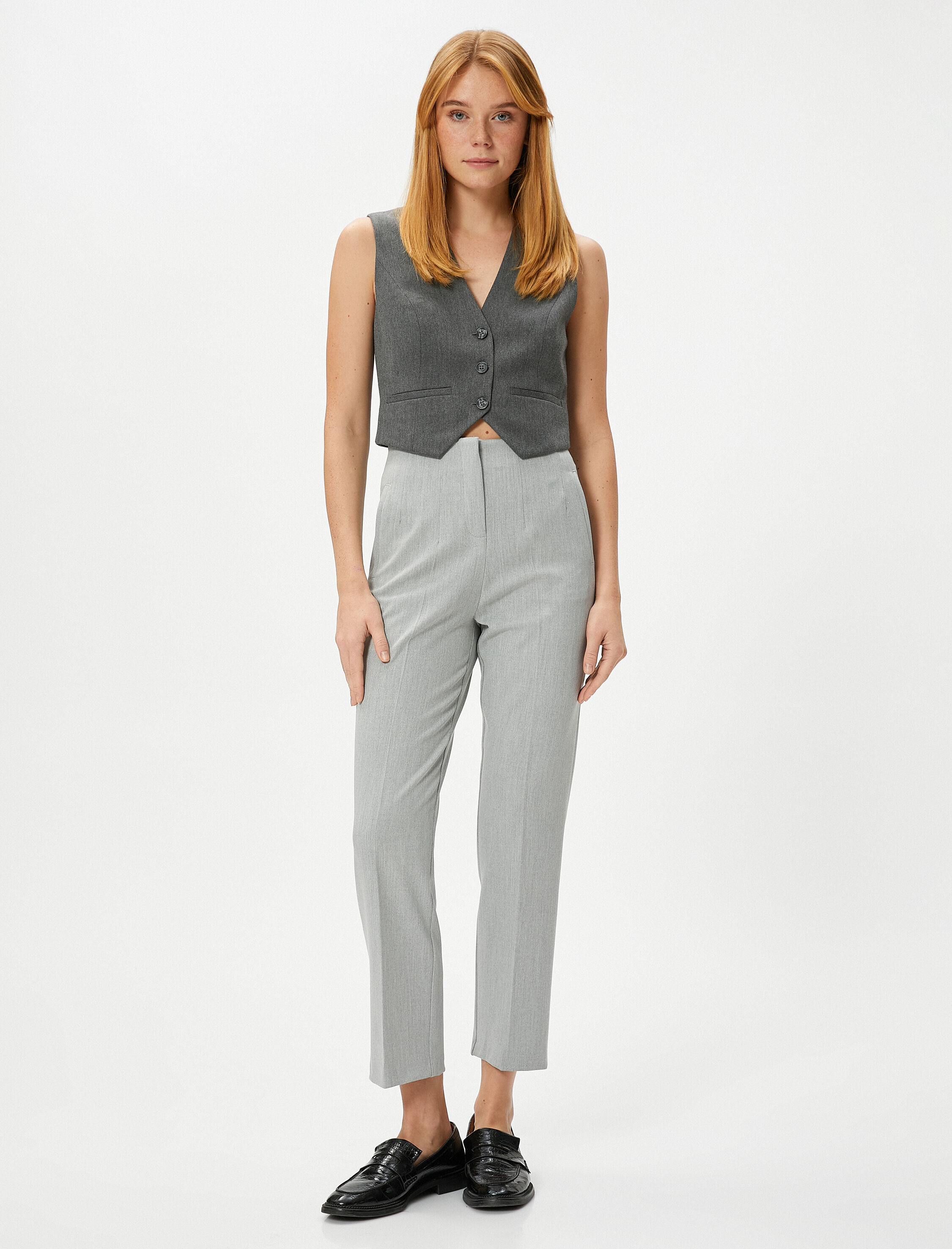   Kumaş Chino Pantolon Yüksek Bel Cepli