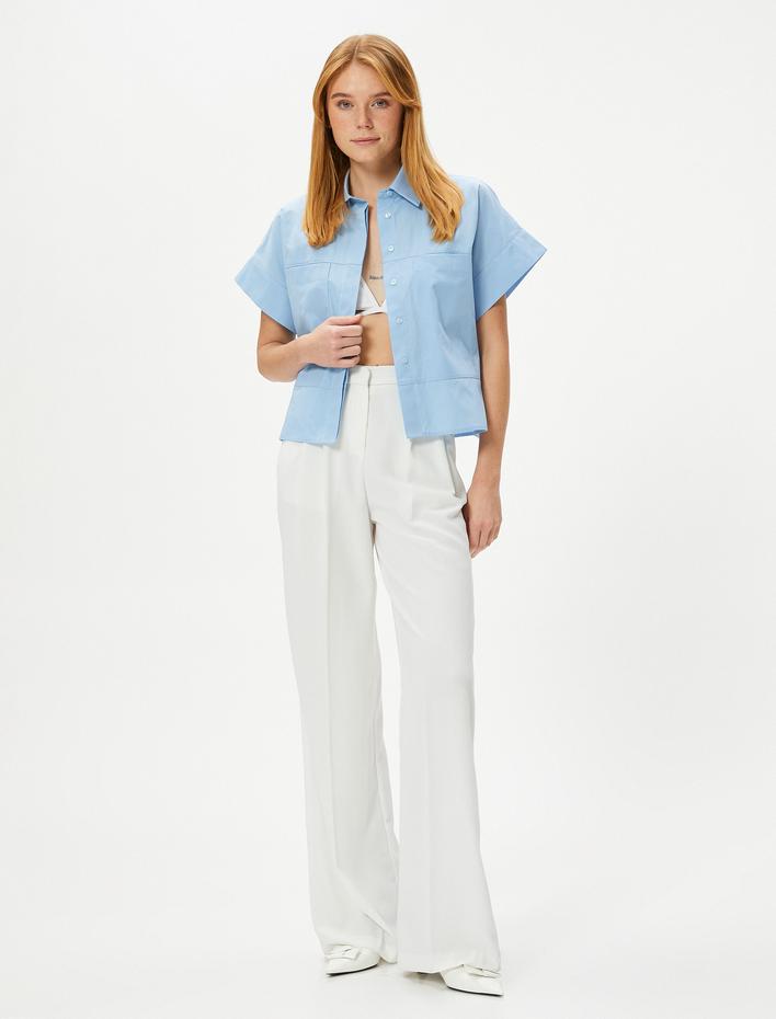  Kısa Kollu Poplin Gömlek Manşet Yaka Cepli Düğmeli Pamuklu