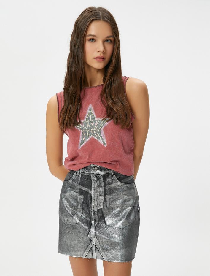  Kolsuz Tişört Soluk Efektli Yıldız Baskılı Rahat Kalıp