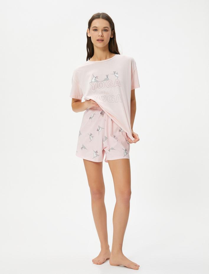  Şortlu Pijama Takımı Kısa Kollu Yoga Baskılı Pamuklu