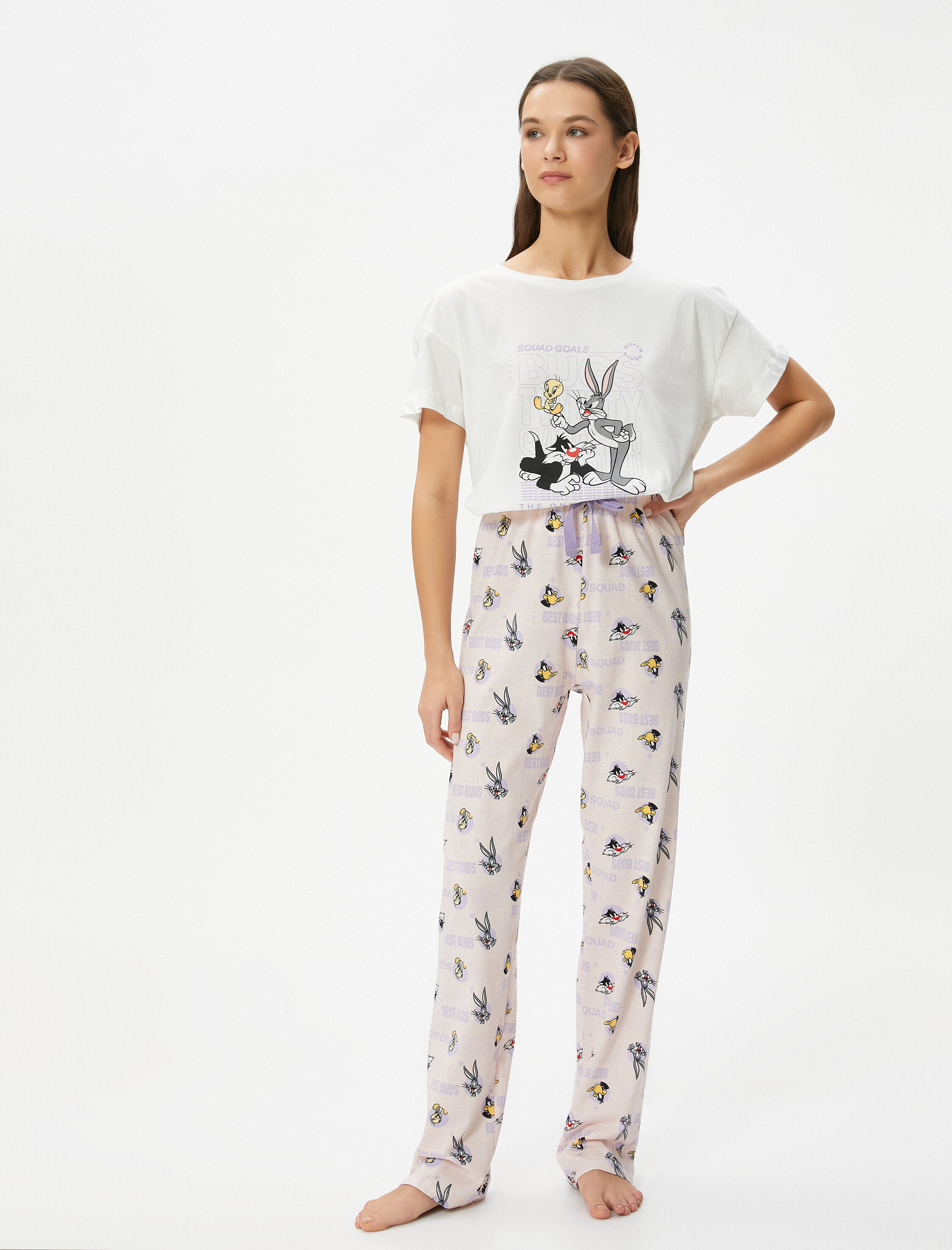   Looney Tunes Lisanslı Pijama Takımı Baskılı Bisiklet Yaka Pamuklu