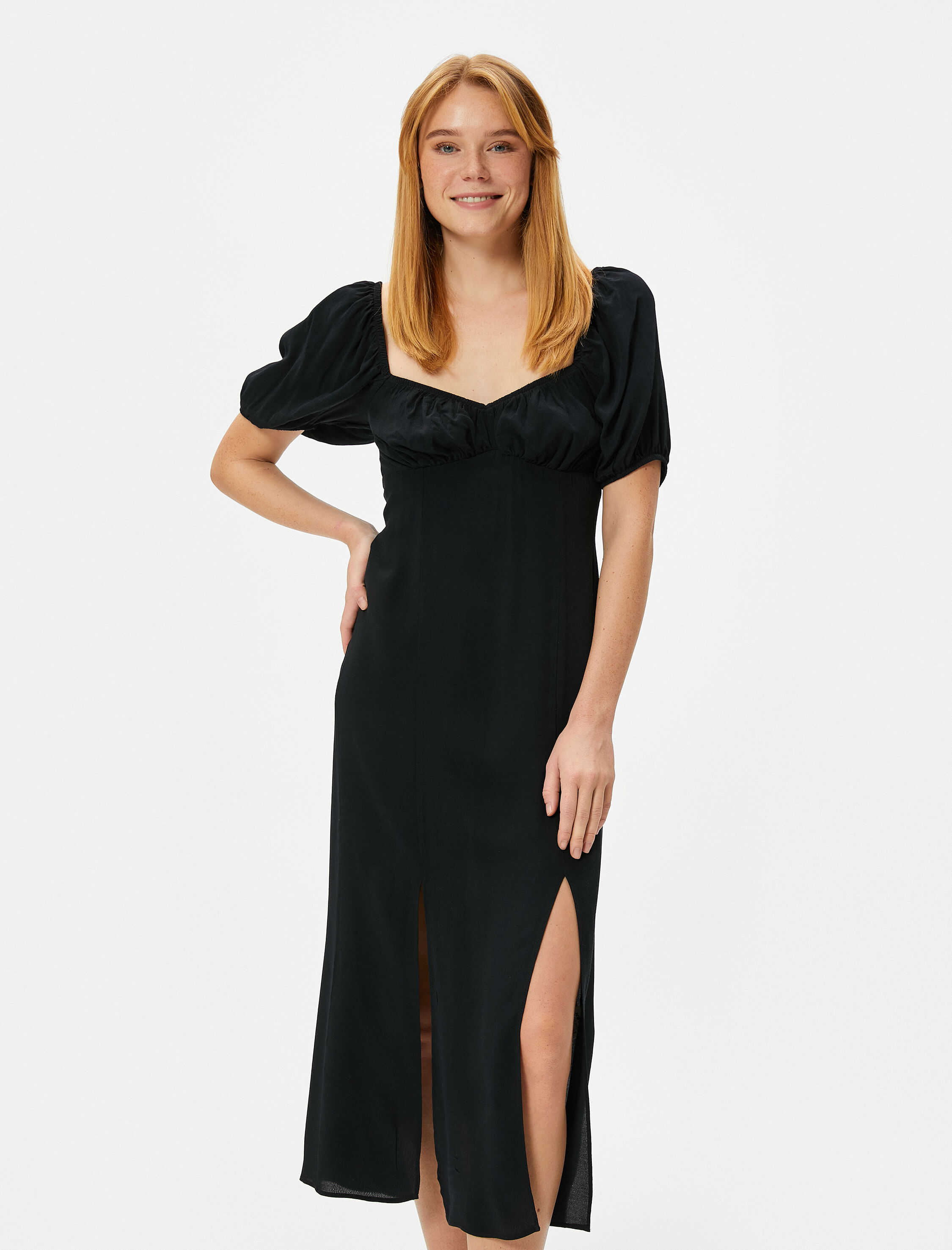   Midi Elbise Balon Kol Yırtmaçlı Kalp Yaka Viskon