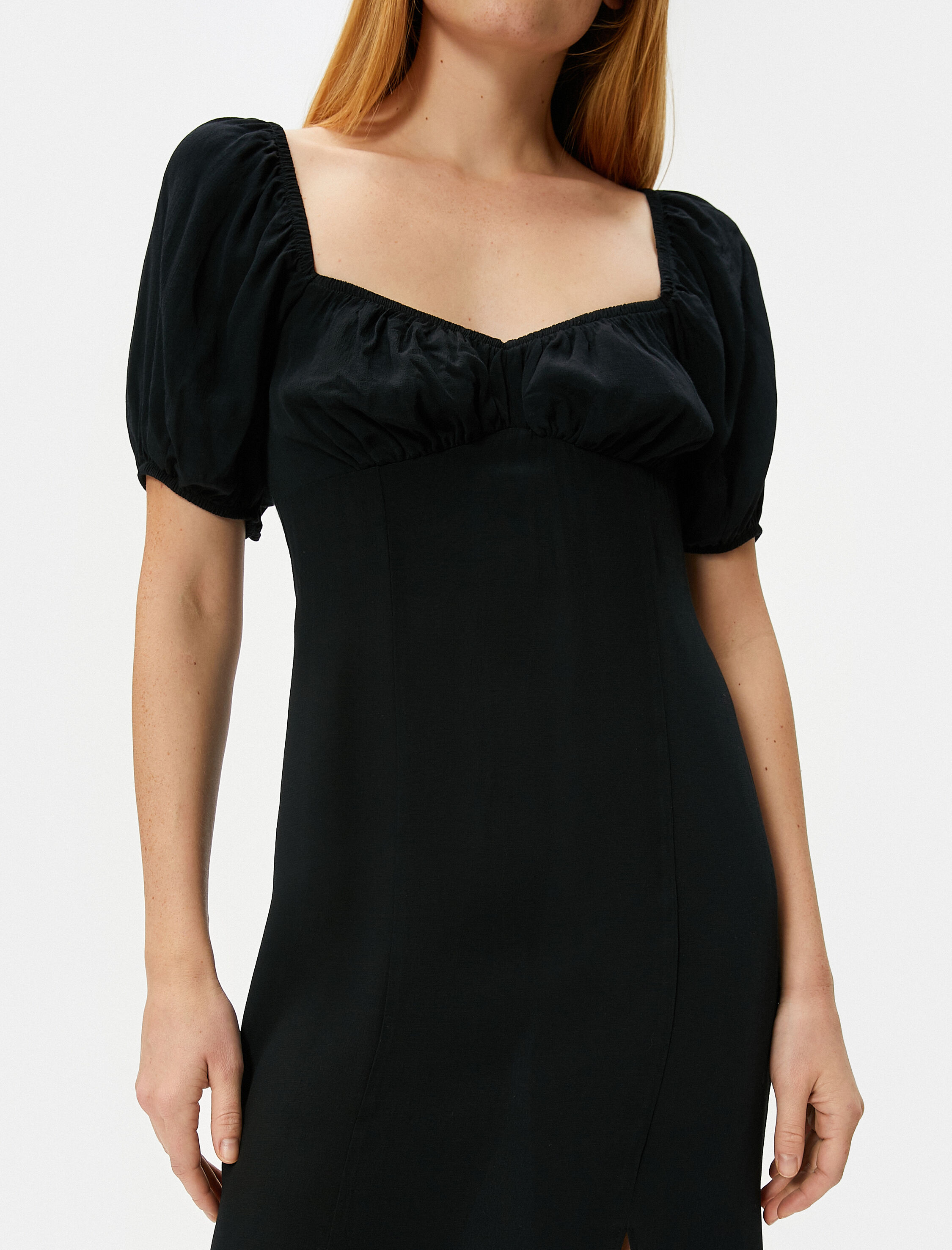   Midi Elbise Balon Kol Yırtmaçlı Kalp Yaka Viskon