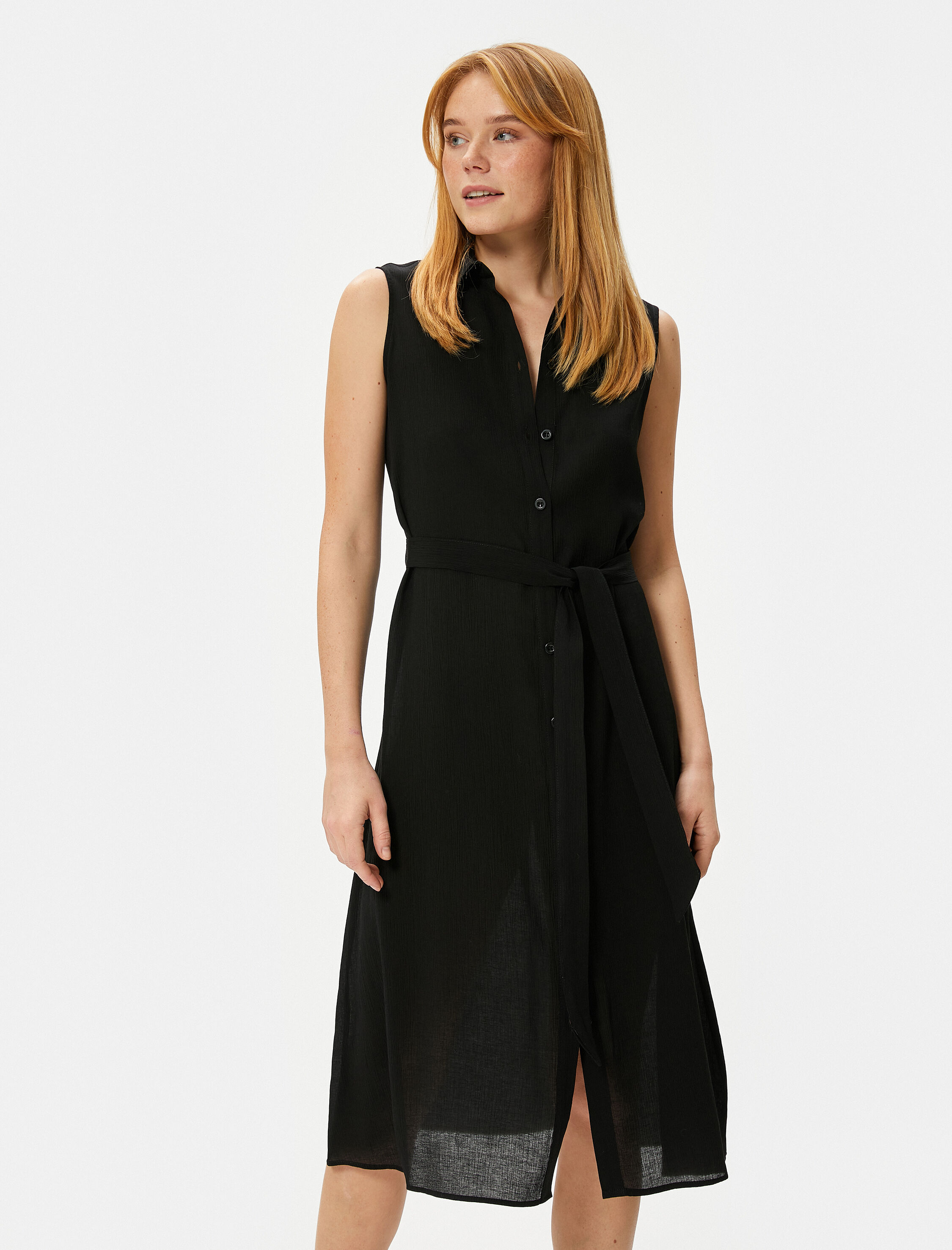   Midi Gömlek Elbise Astarsız İnce Kumaş Düğmeli Beli Kuşaklı Viskon