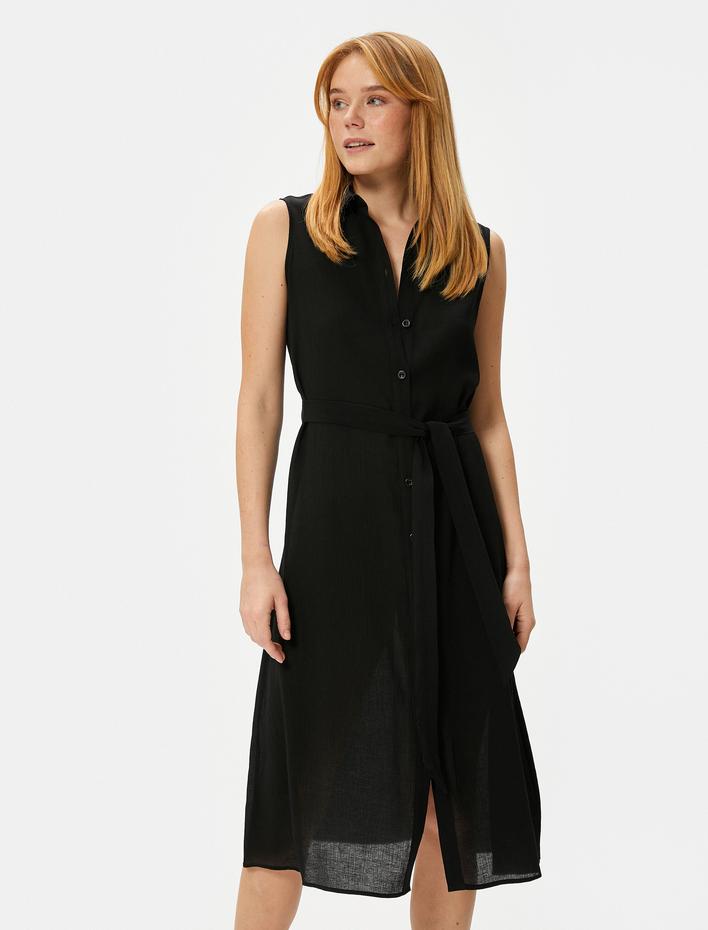  Midi Gömlek Elbise Astarsız İnce Kumaş Düğmeli Beli Kuşaklı Viskon