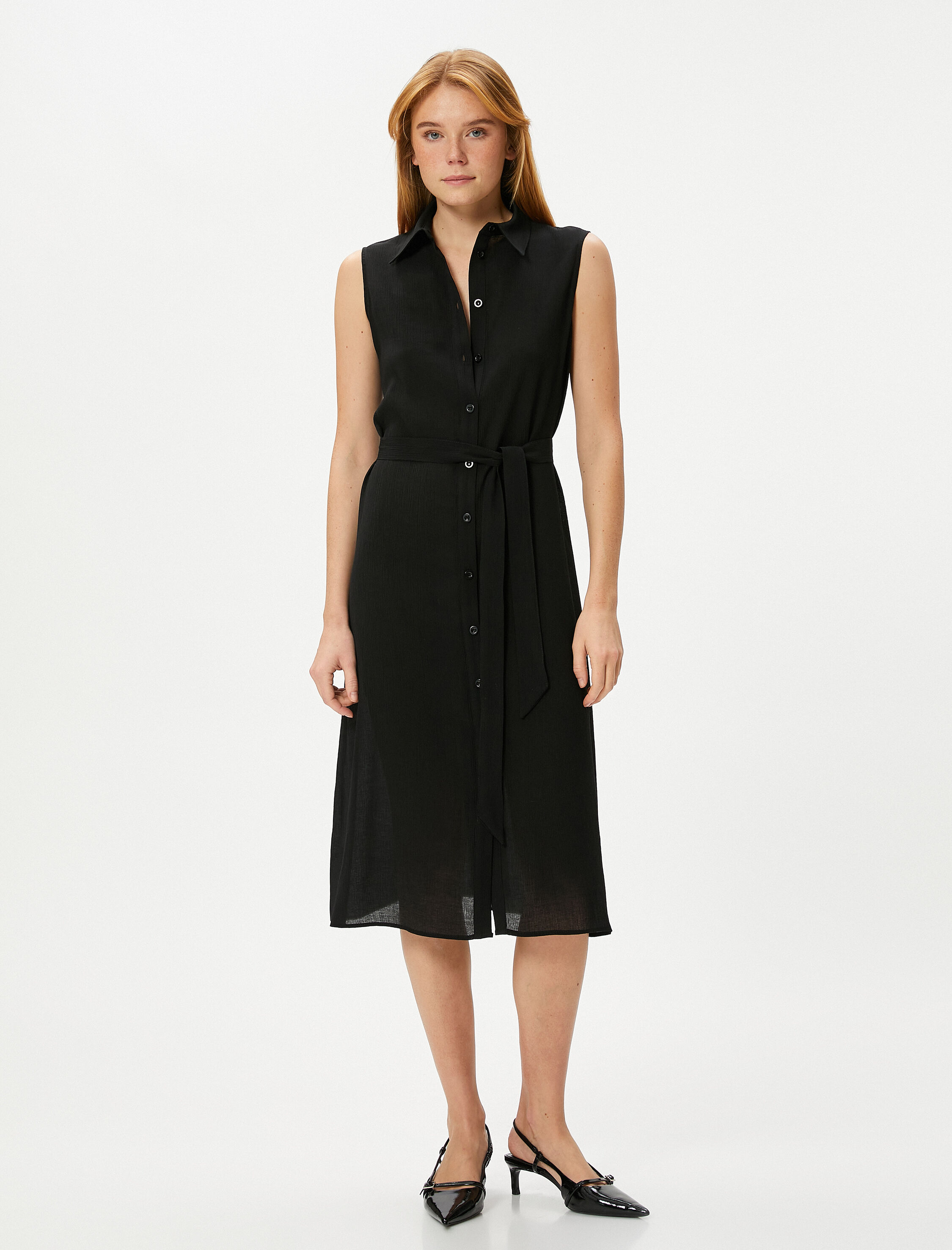   Midi Gömlek Elbise Astarsız İnce Kumaş Düğmeli Beli Kuşaklı Viskon