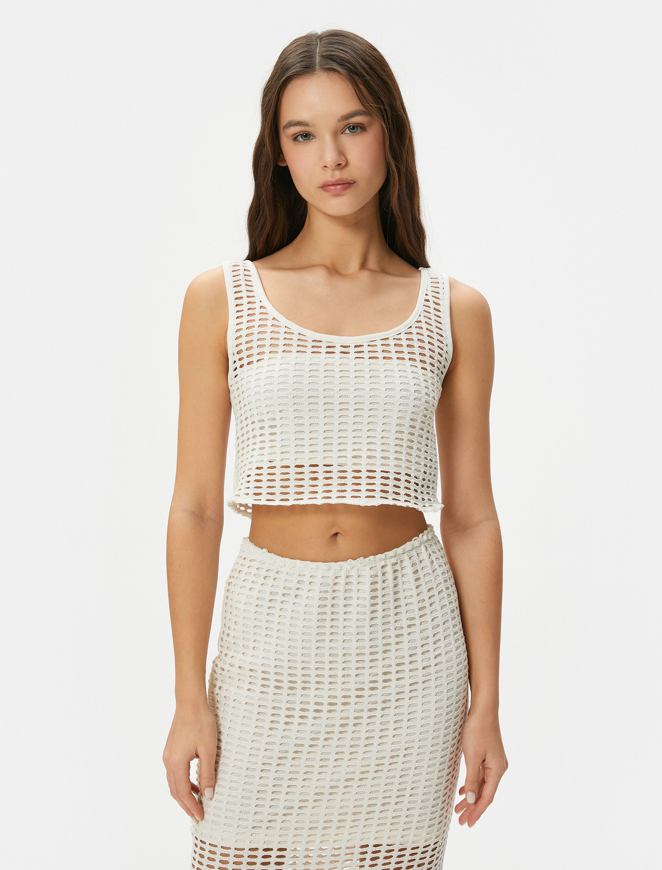 Fileli Crop Büstiyer Kalın Askılı U Yaka Slim Fit