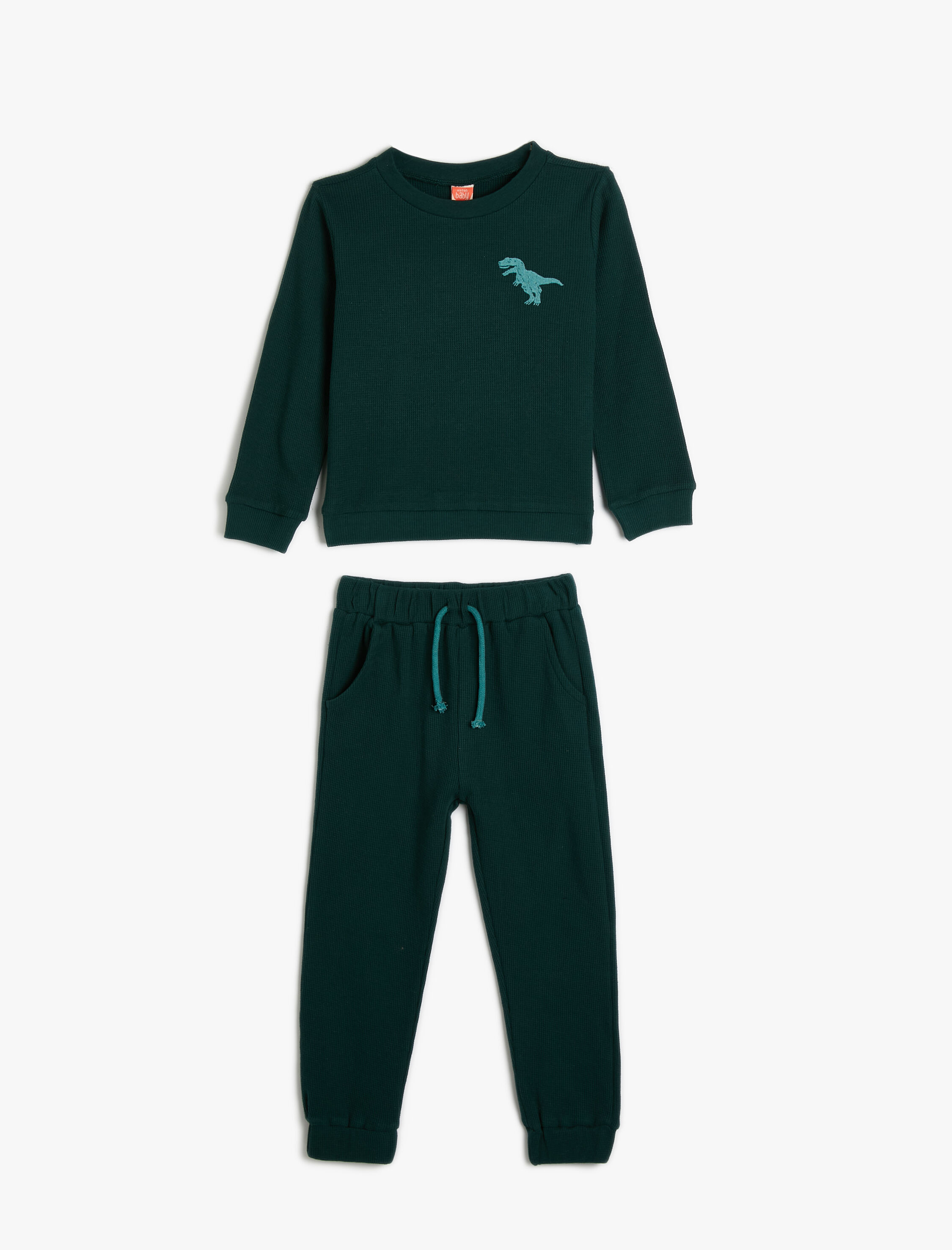  Erkek Bebek 2'li Eşofman Seti Dokulu Dinozor İşlemeli Uzun Kollu Üst ve Beli Lastikli Eşofman Altı