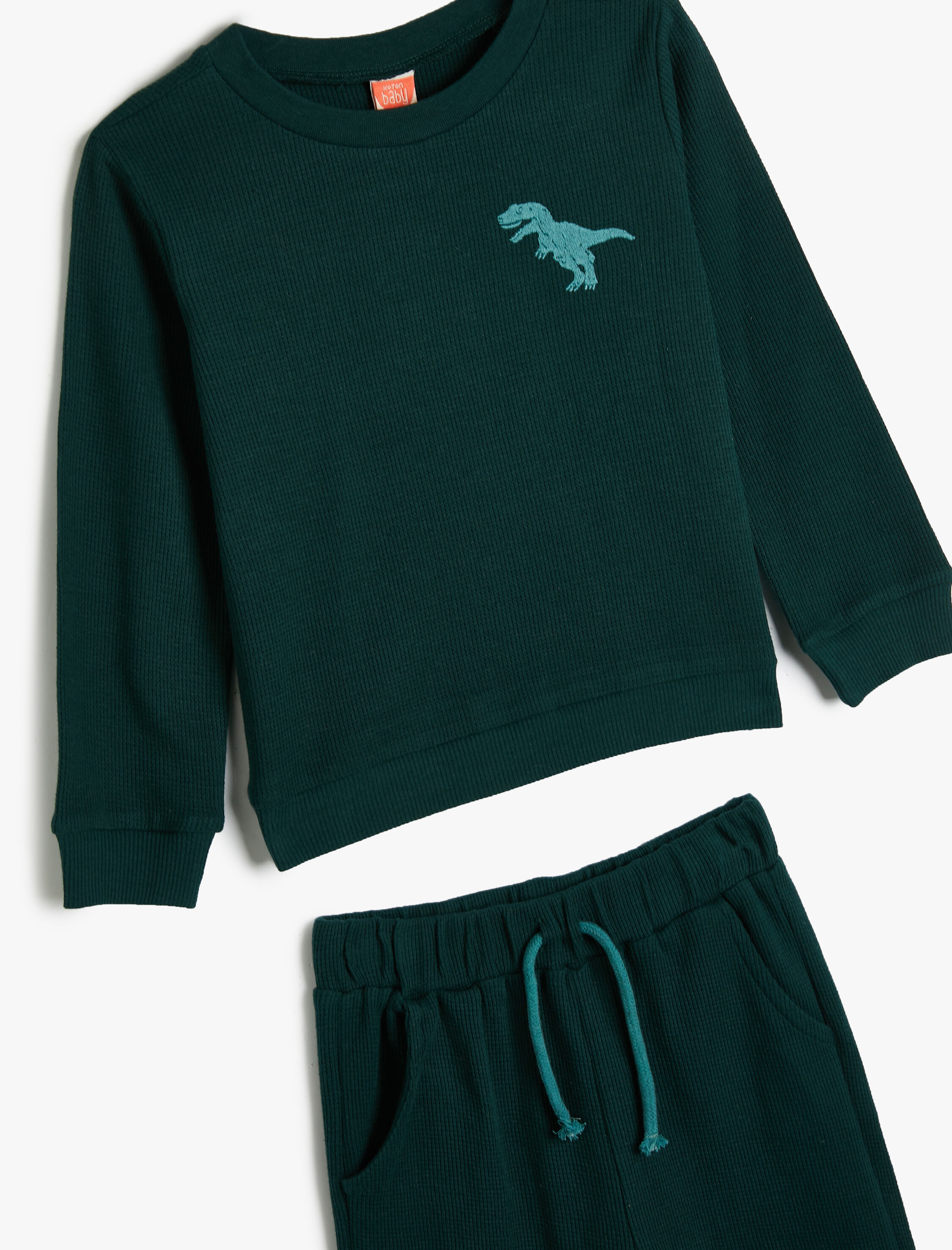  Erkek Bebek 2'li Eşofman Seti Dokulu Dinozor İşlemeli Uzun Kollu Üst ve Beli Lastikli Eşofman Altı
