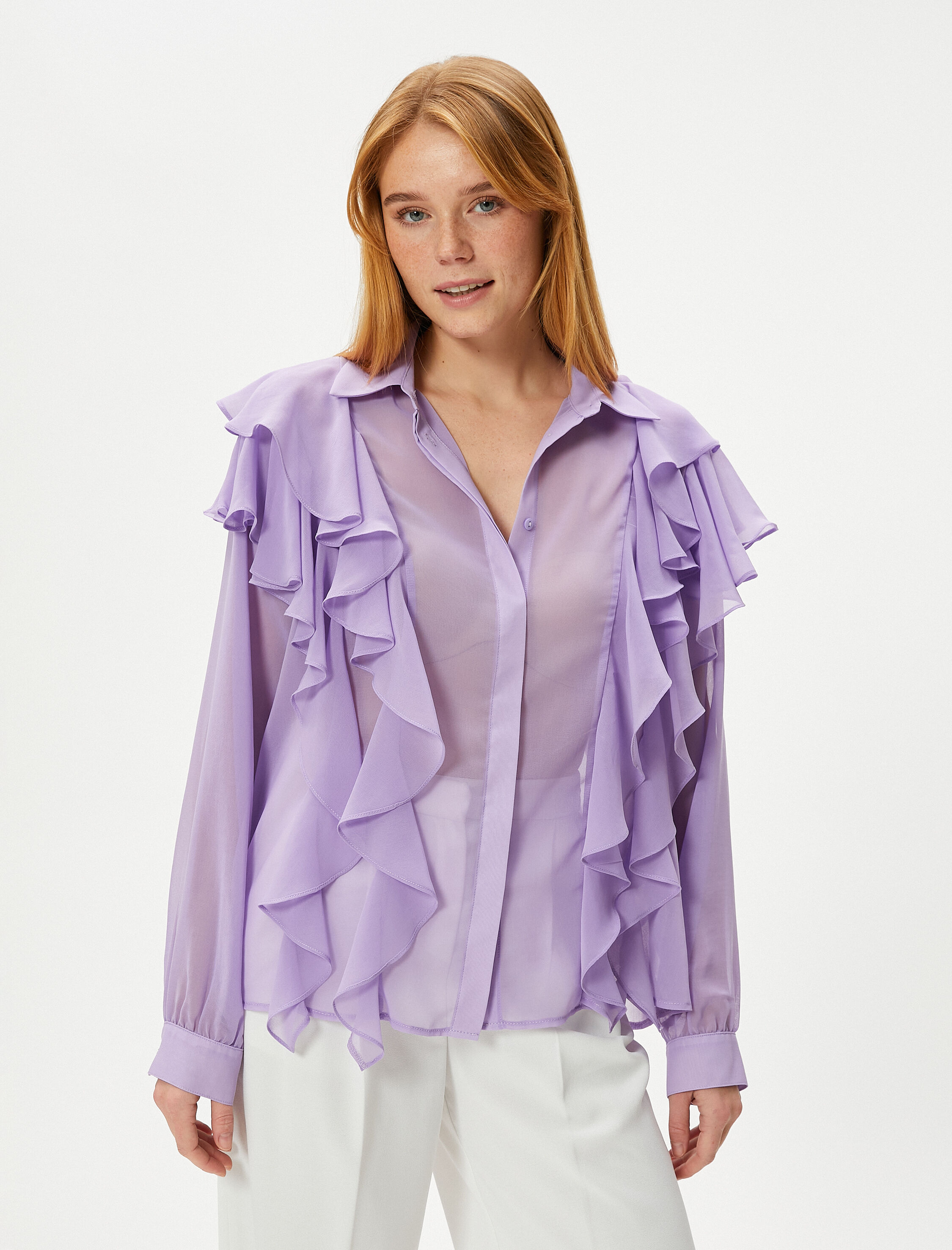   Şifon Gömlek Transparan Uzun Kollu Fırfırlı Düğmeli