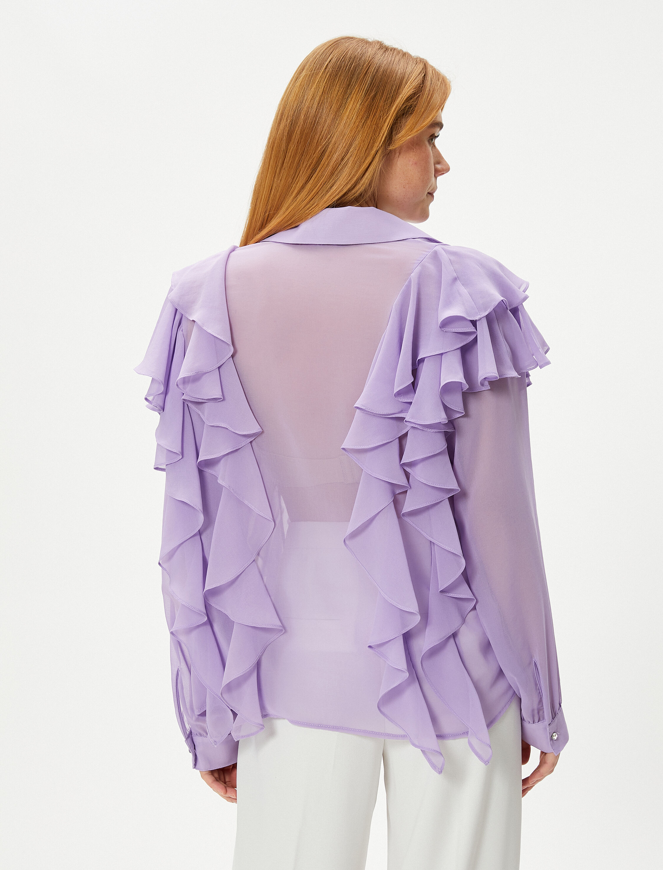   Şifon Gömlek Transparan Uzun Kollu Fırfırlı Düğmeli