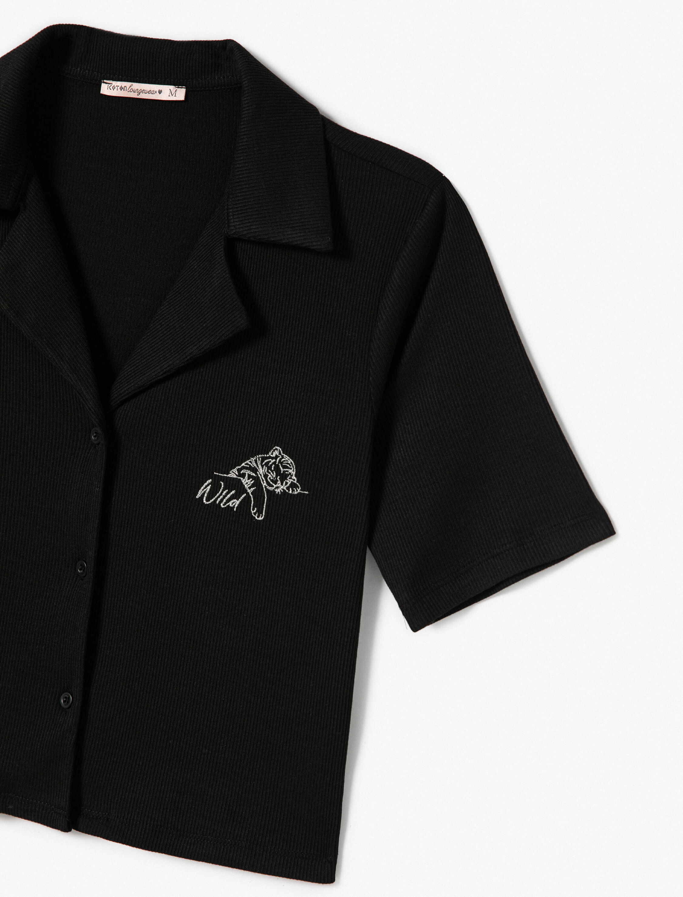   Kısa Kollu Pijama Takımı Nakışlı Viskon Karışımlı Gömlek Yaka