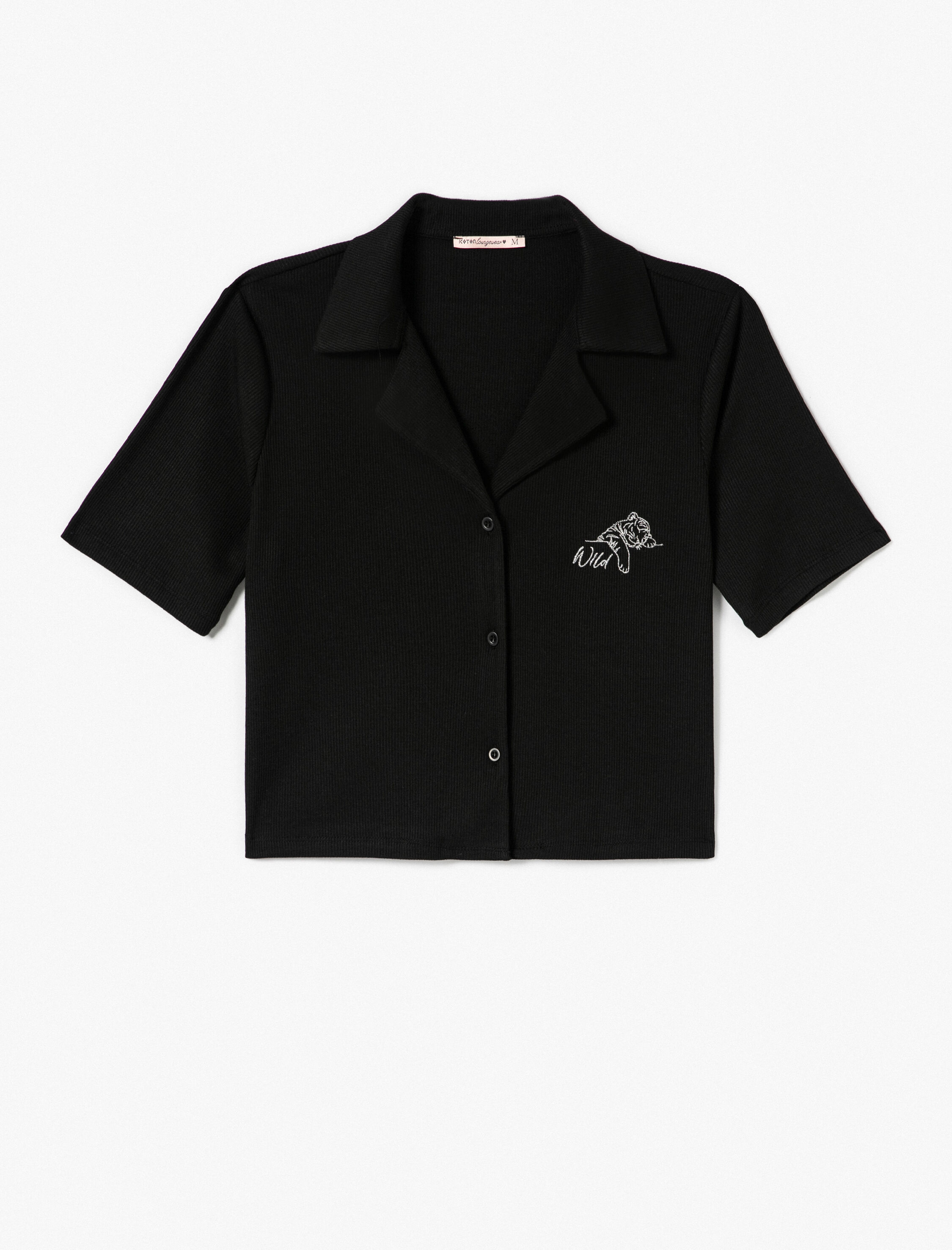   Kısa Kollu Pijama Takımı Nakışlı Viskon Karışımlı Gömlek Yaka