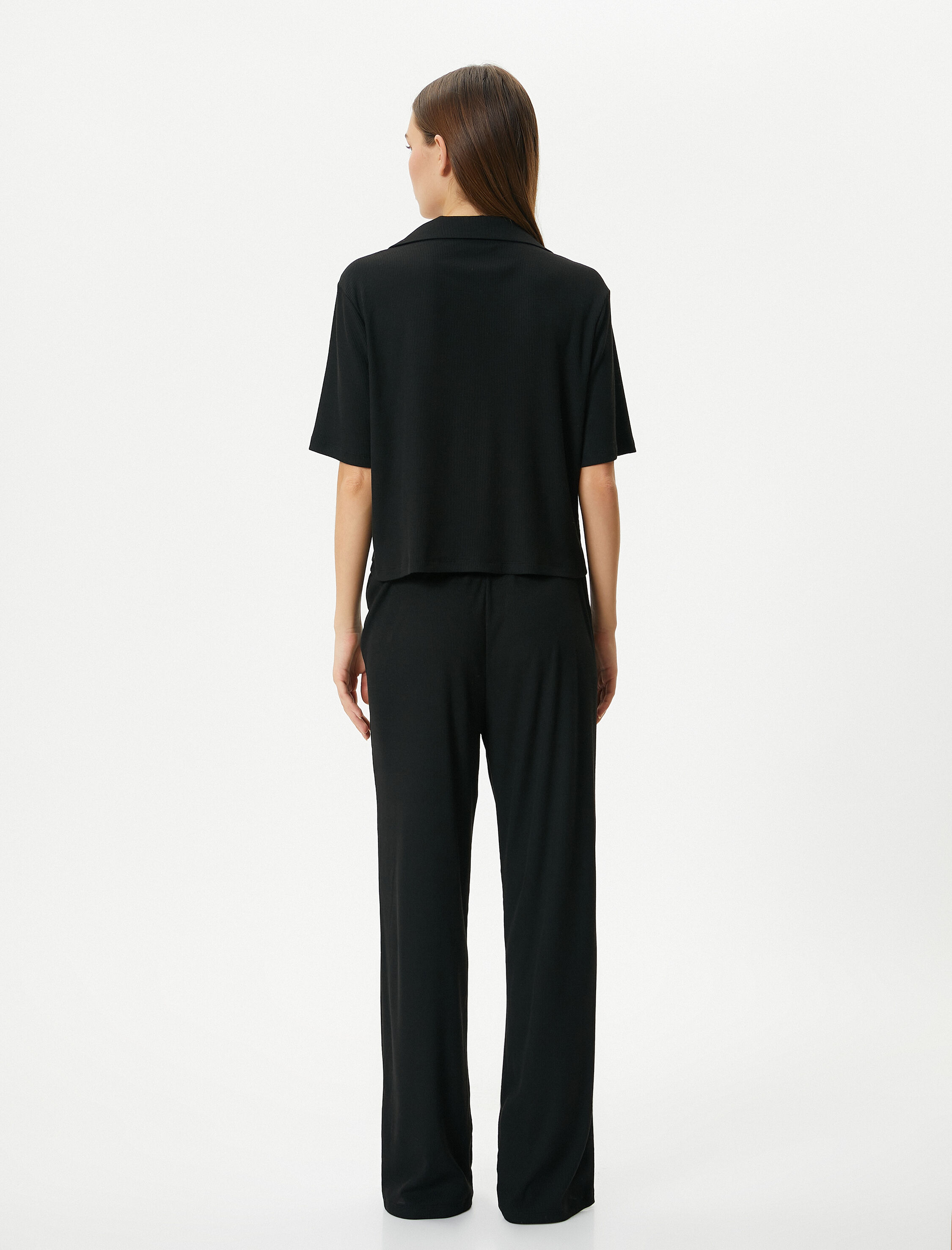   Kısa Kollu Pijama Takımı Nakışlı Viskon Karışımlı Gömlek Yaka