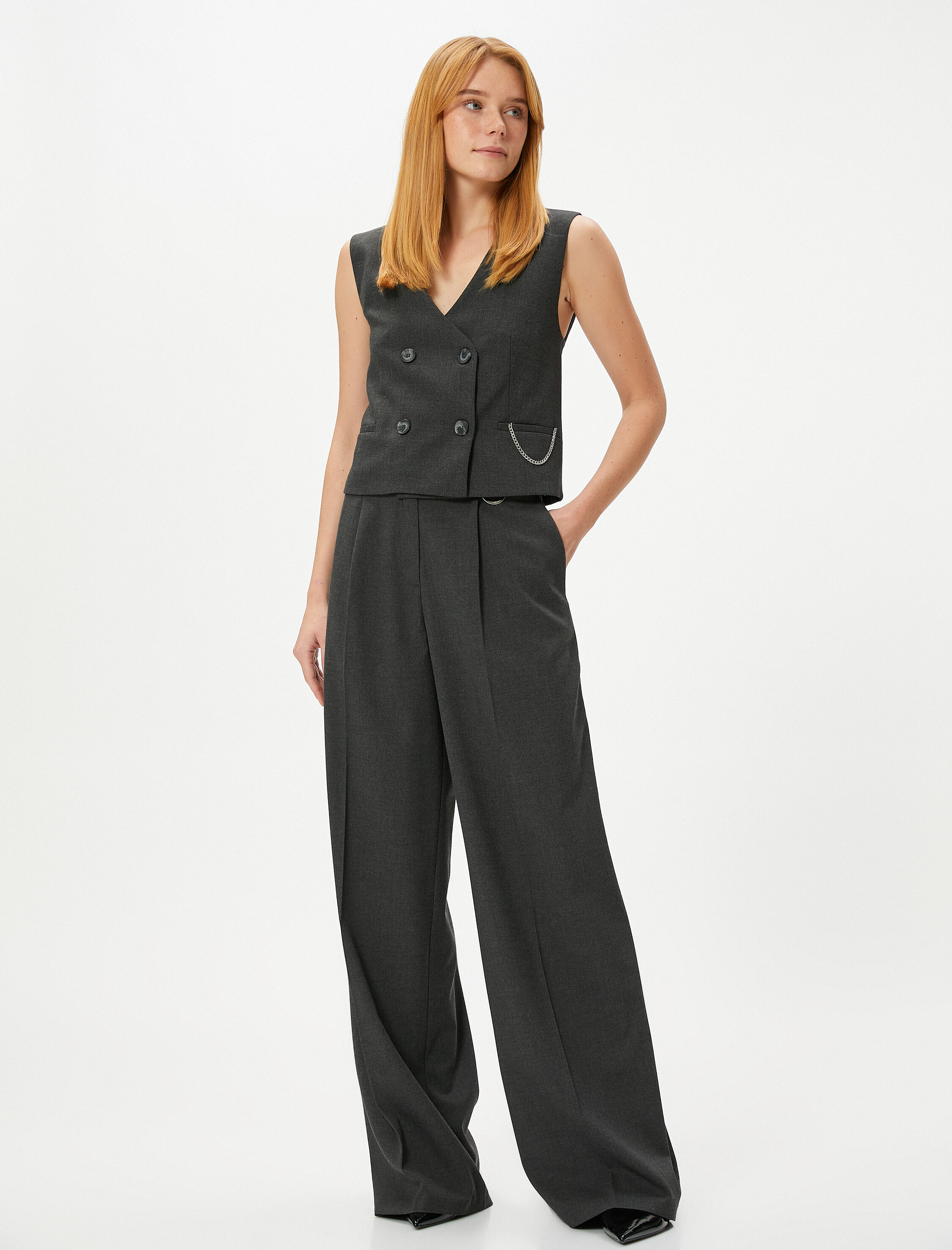   Palazzo Pantolon Bol Paça Metal Aksesuarlı Yüksek Bel