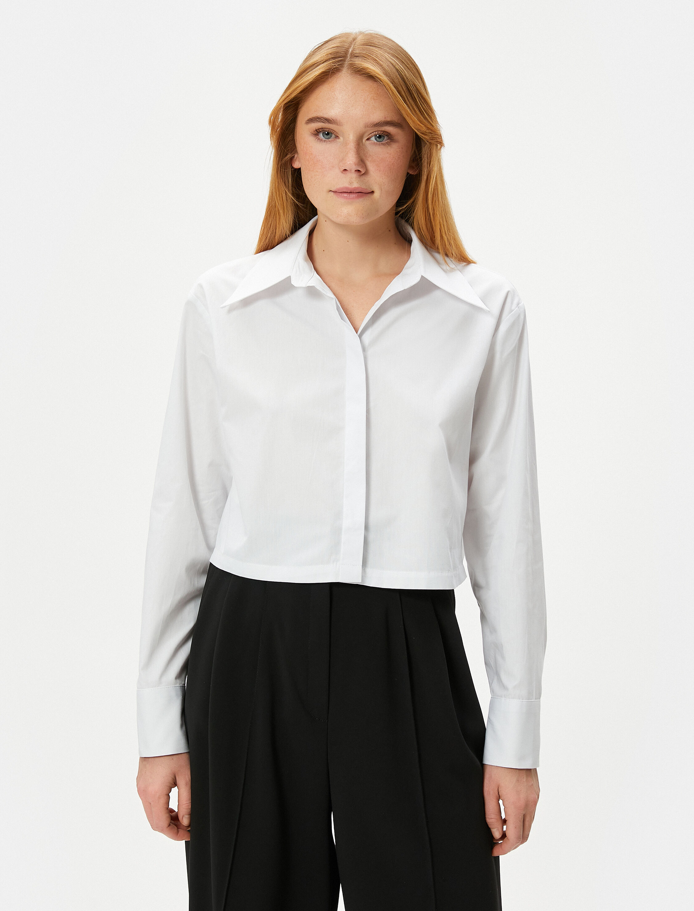   Crop Poplin Gömlek Uzun Kollu Manşet Yaka Pamuklu