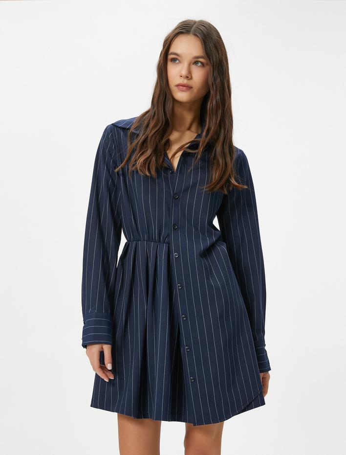  Gömlek Elbise Pile Detaylı Mini Boy Uzun Kollu