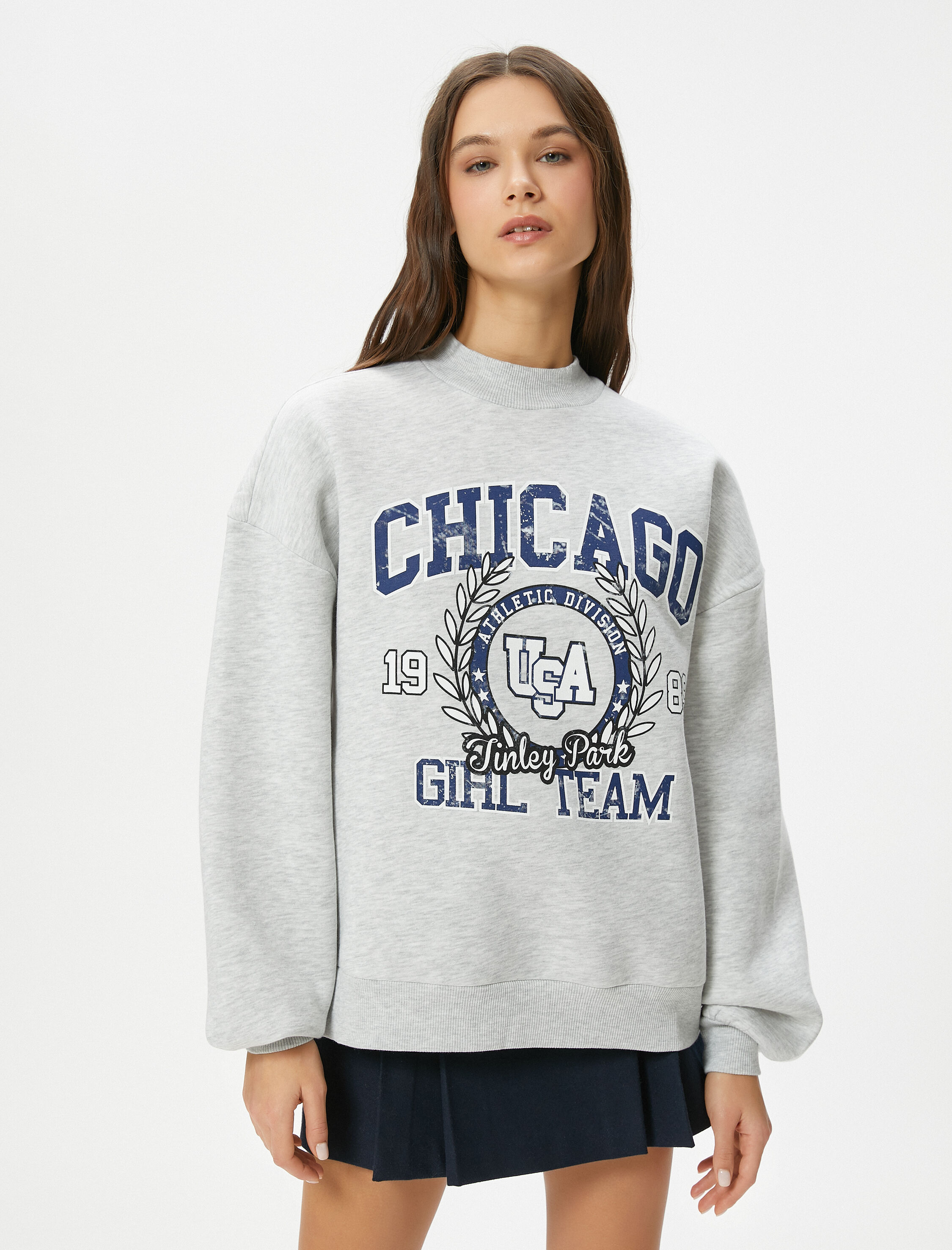   Şardonlu Kolej Sweatshirt Baskılı Uzun Kollu Hafif Dik Yaka Rahat Kalıp