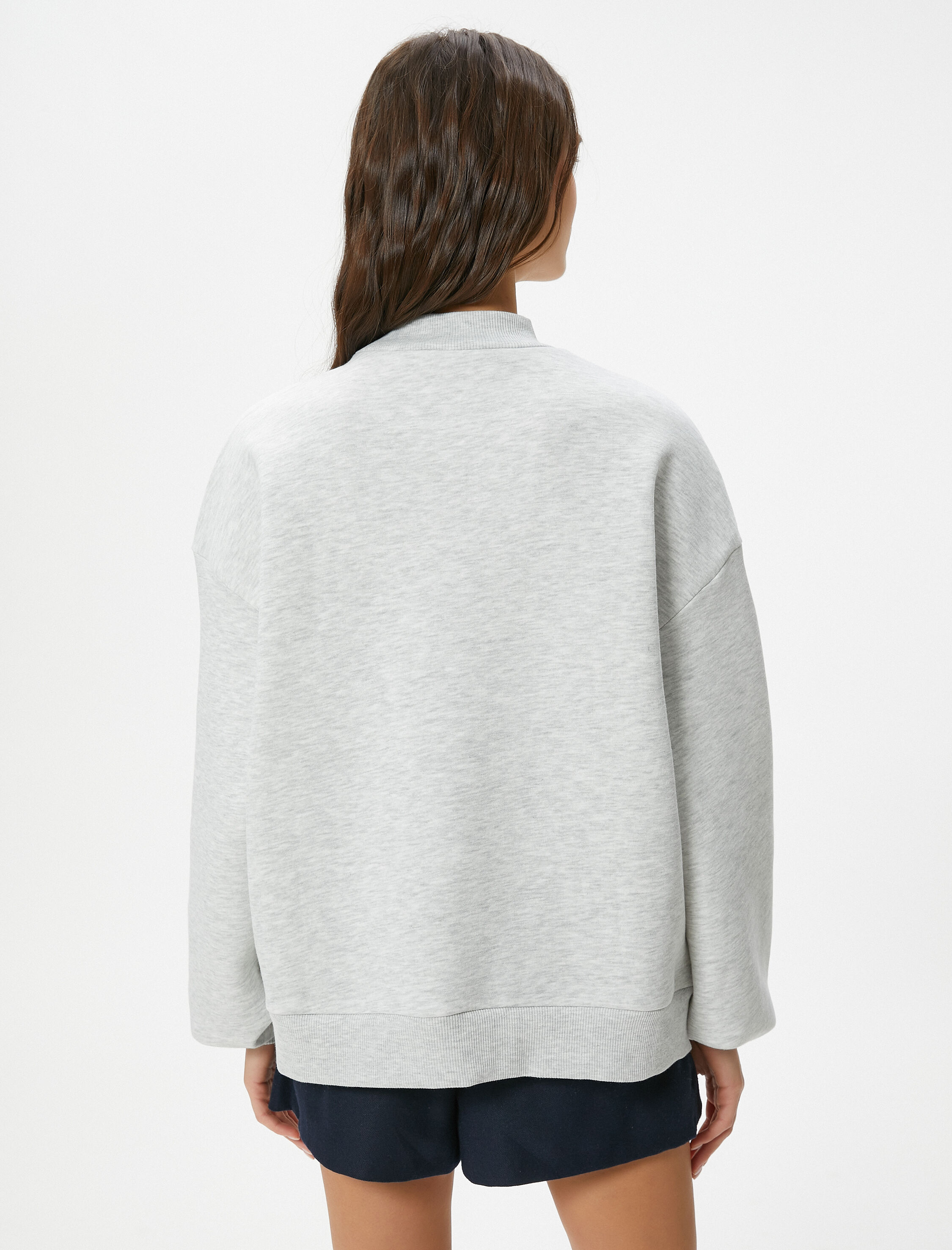   Şardonlu Kolej Sweatshirt Baskılı Uzun Kollu Hafif Dik Yaka Rahat Kalıp