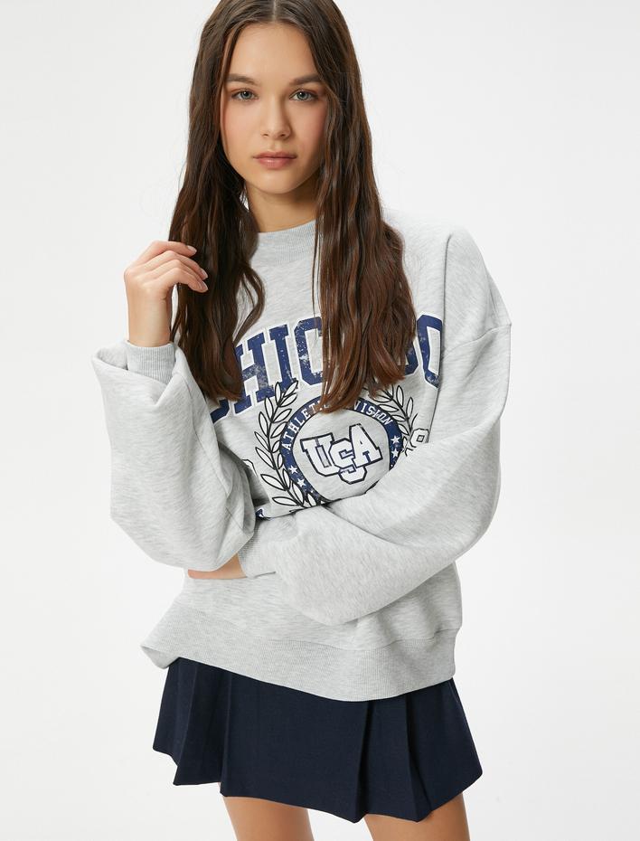  Şardonlu Kolej Sweatshirt Baskılı Uzun Kollu Hafif Dik Yaka Rahat Kalıp