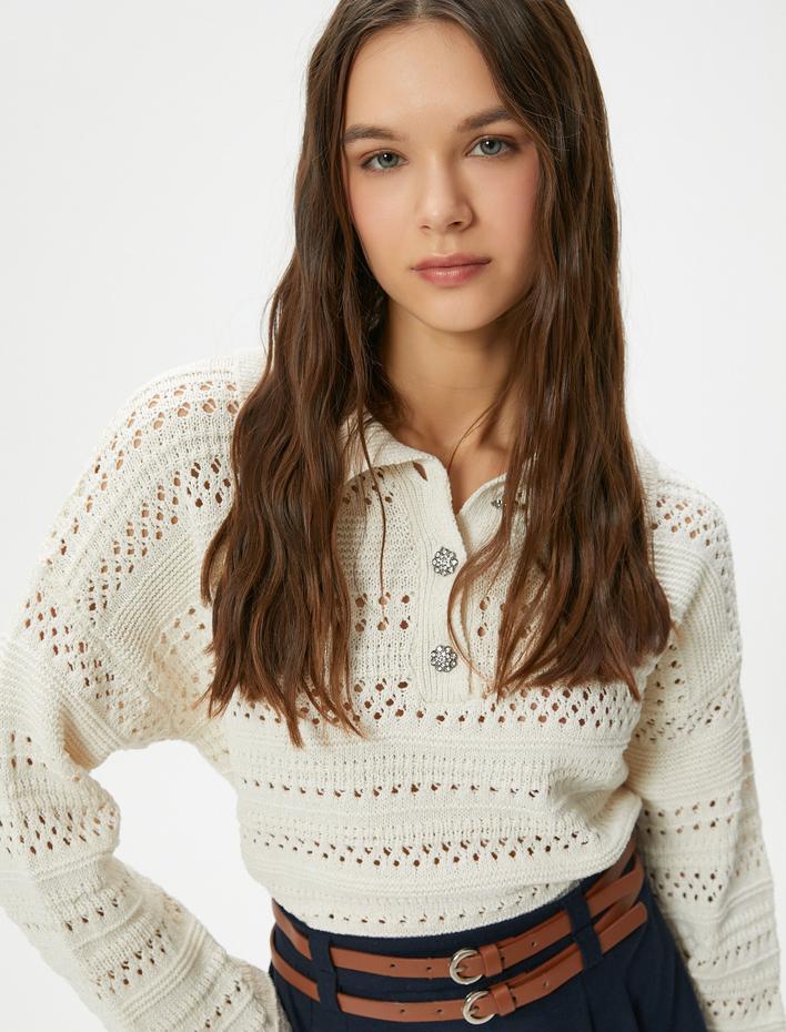  Polo Yaka Ajurlu Kazak Uzun Kollu Parlak Çiçek Düğme Detaylı