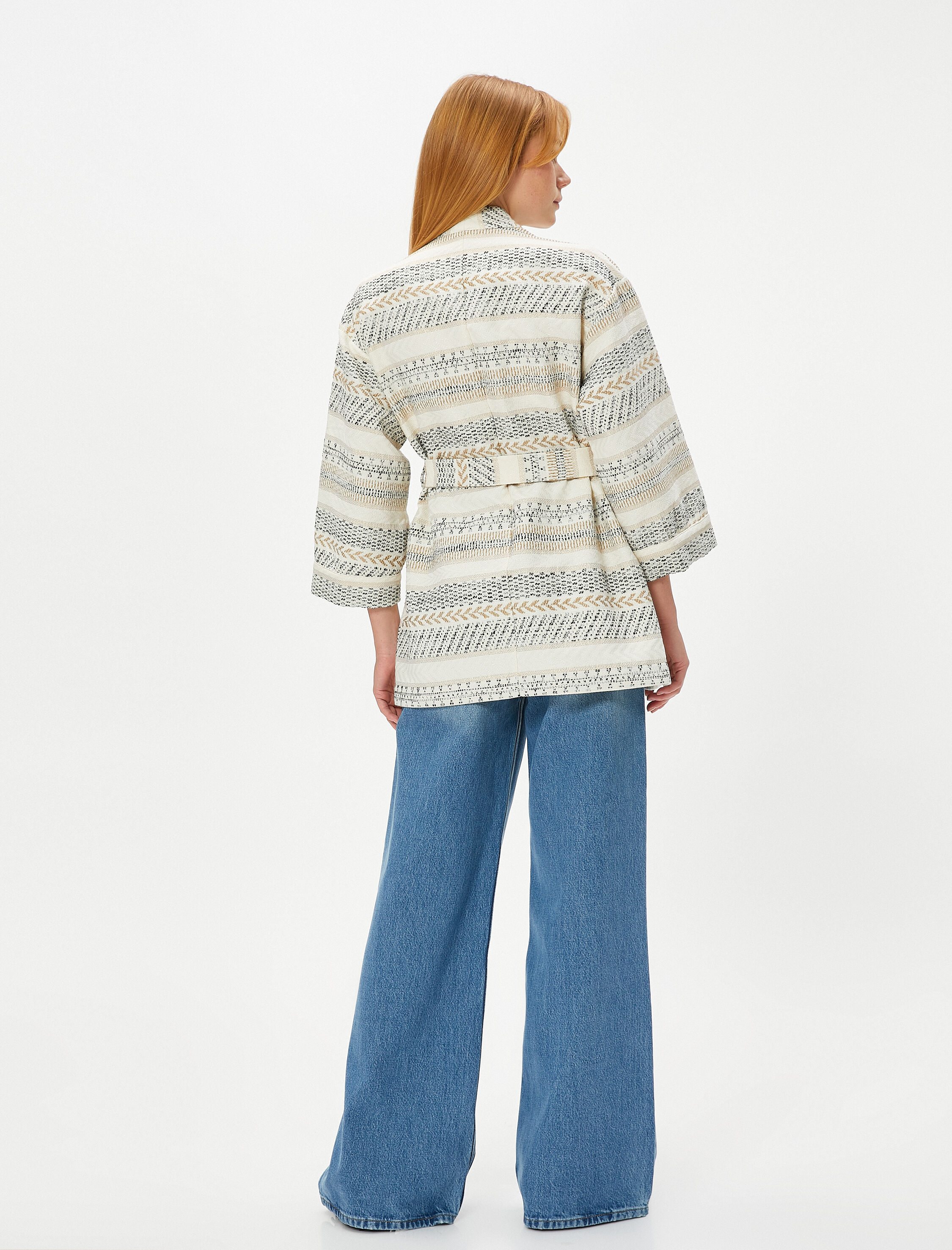   Etnik Desenli Kimono Beli Kuşaklı Geniş Kollu