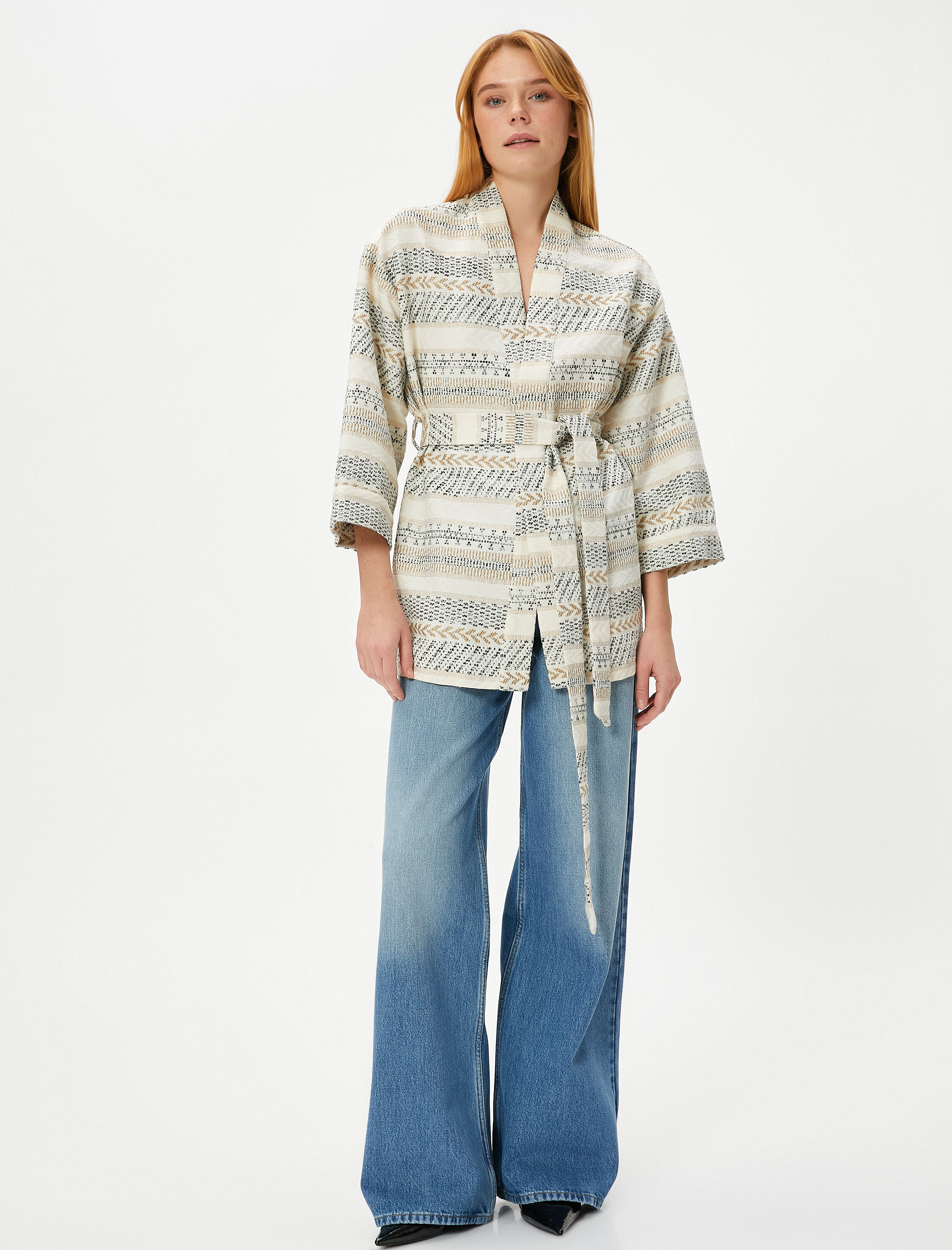   Etnik Desenli Kimono Beli Kuşaklı Geniş Kollu