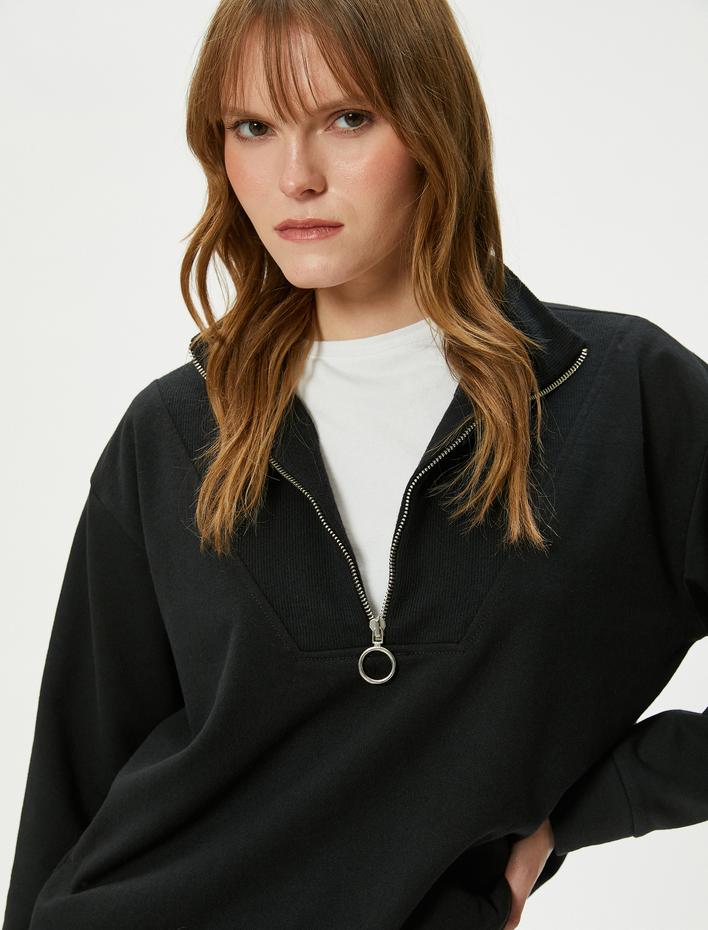  Yarım Fermuarlı Sweatshirt Dik Yaka Uzun Kollu