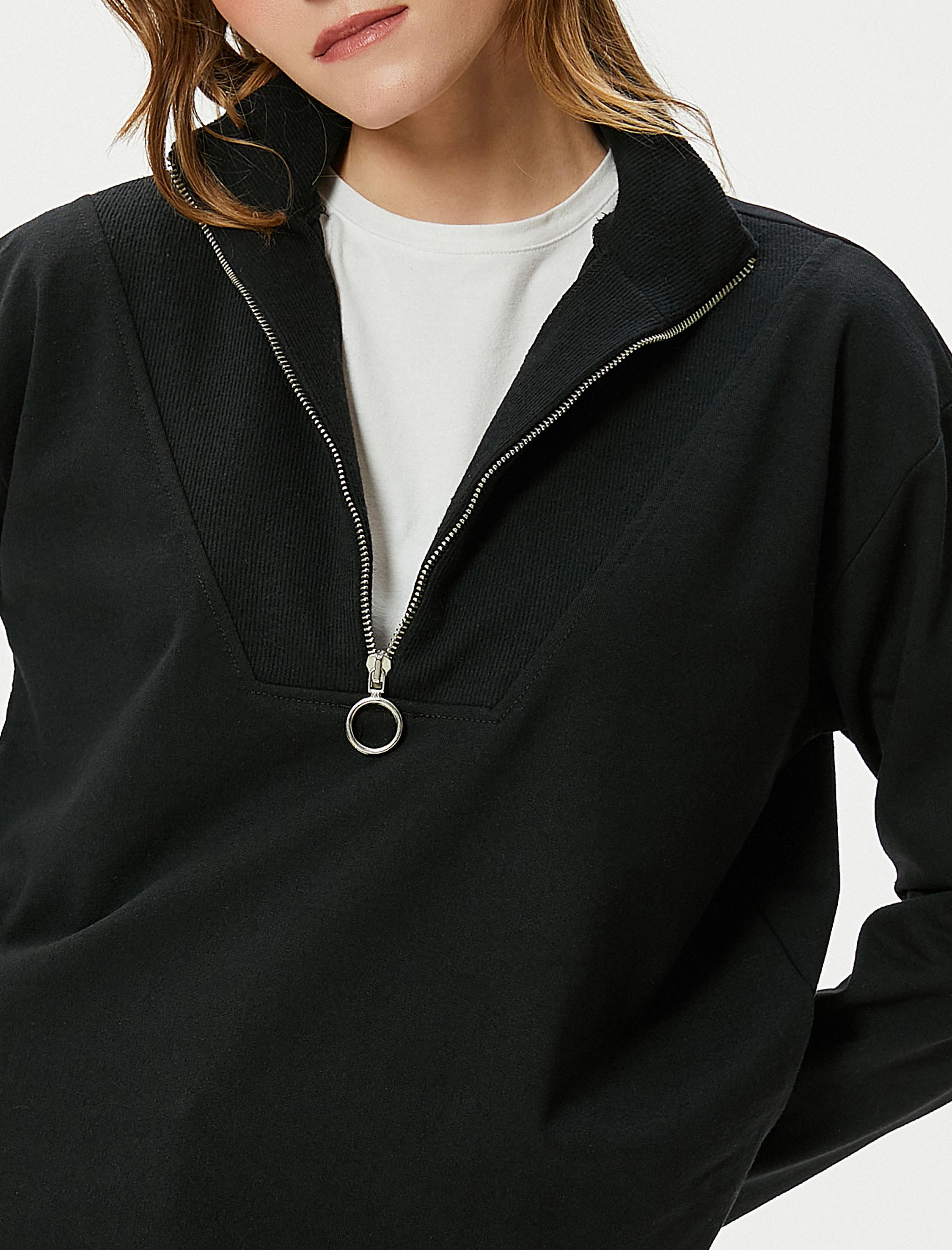   Yarım Fermuarlı Sweatshirt Dik Yaka Uzun Kollu