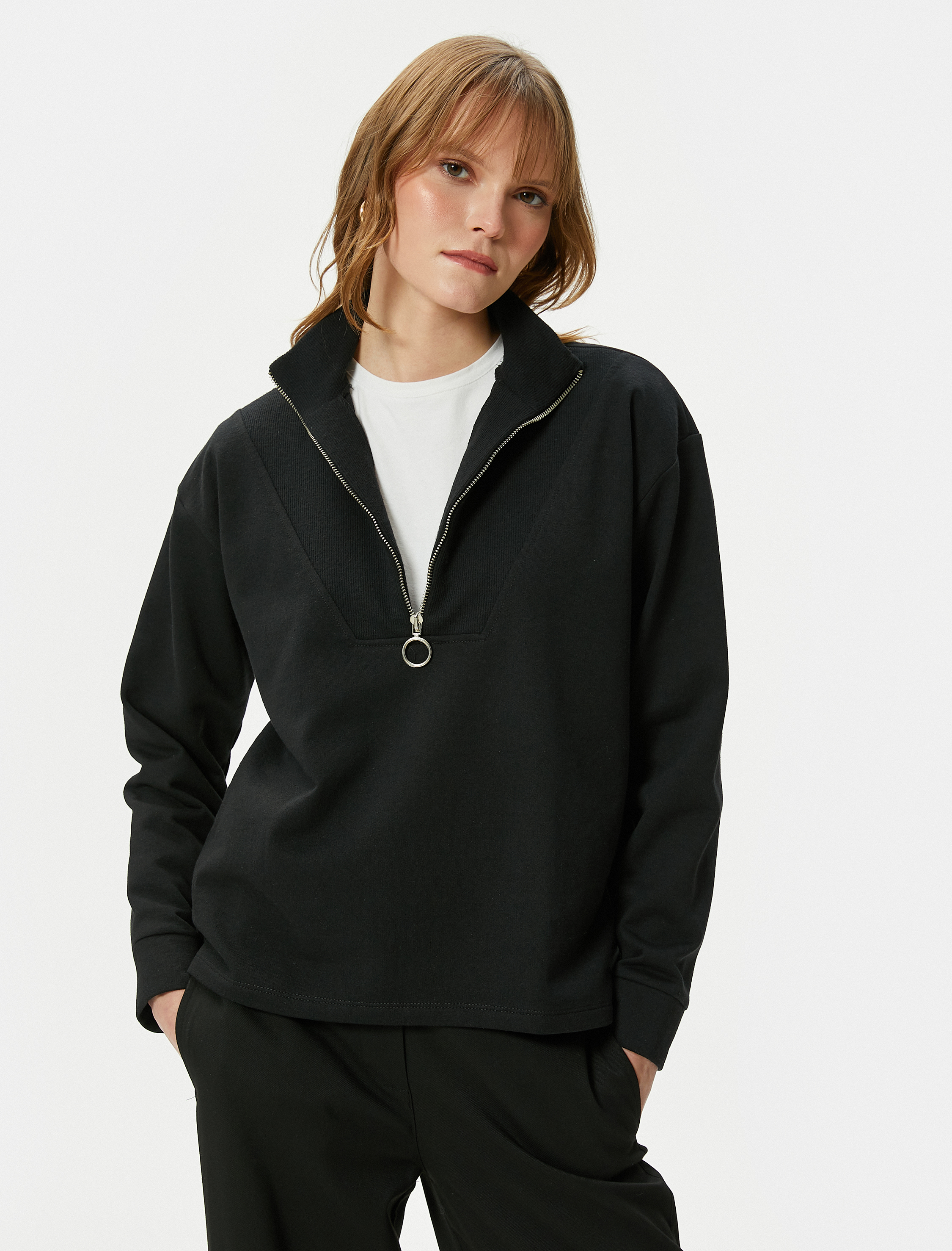   Yarım Fermuarlı Sweatshirt Dik Yaka Uzun Kollu