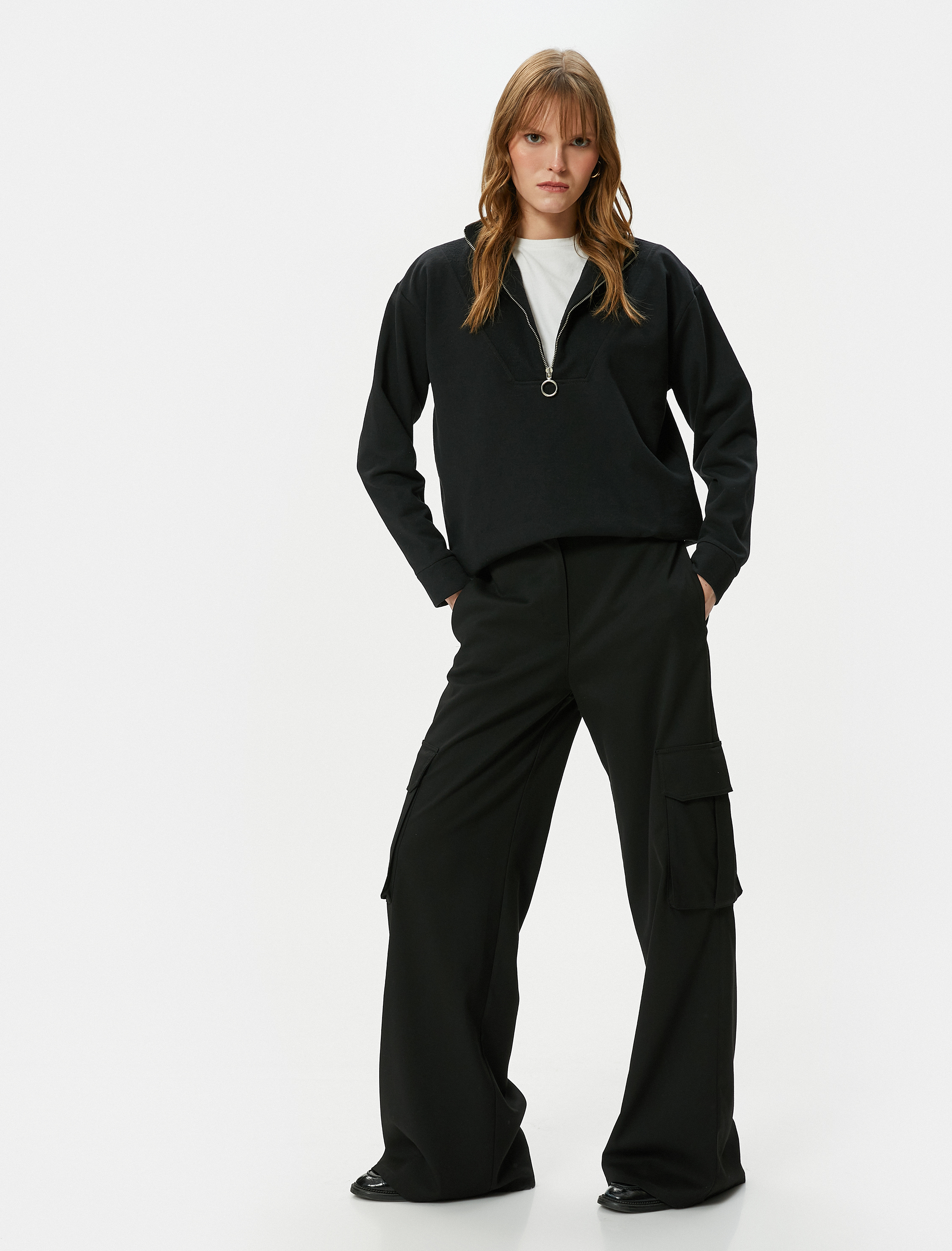   Yarım Fermuarlı Sweatshirt Dik Yaka Uzun Kollu