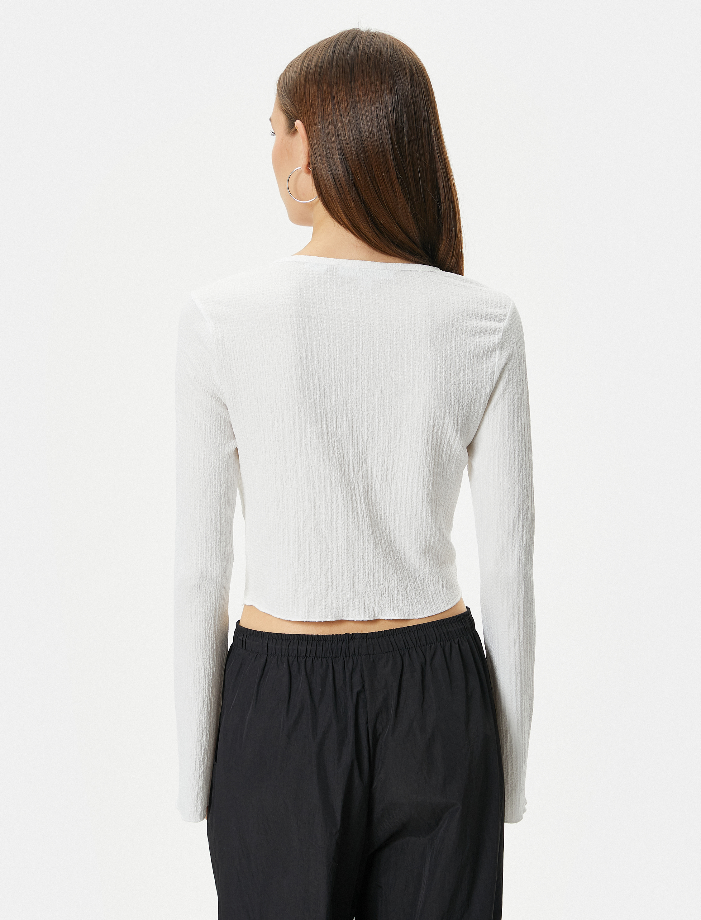   Crop Bluz Korse Detaylı Uzun Kollu U Yaka Ribanalı Bürümcük