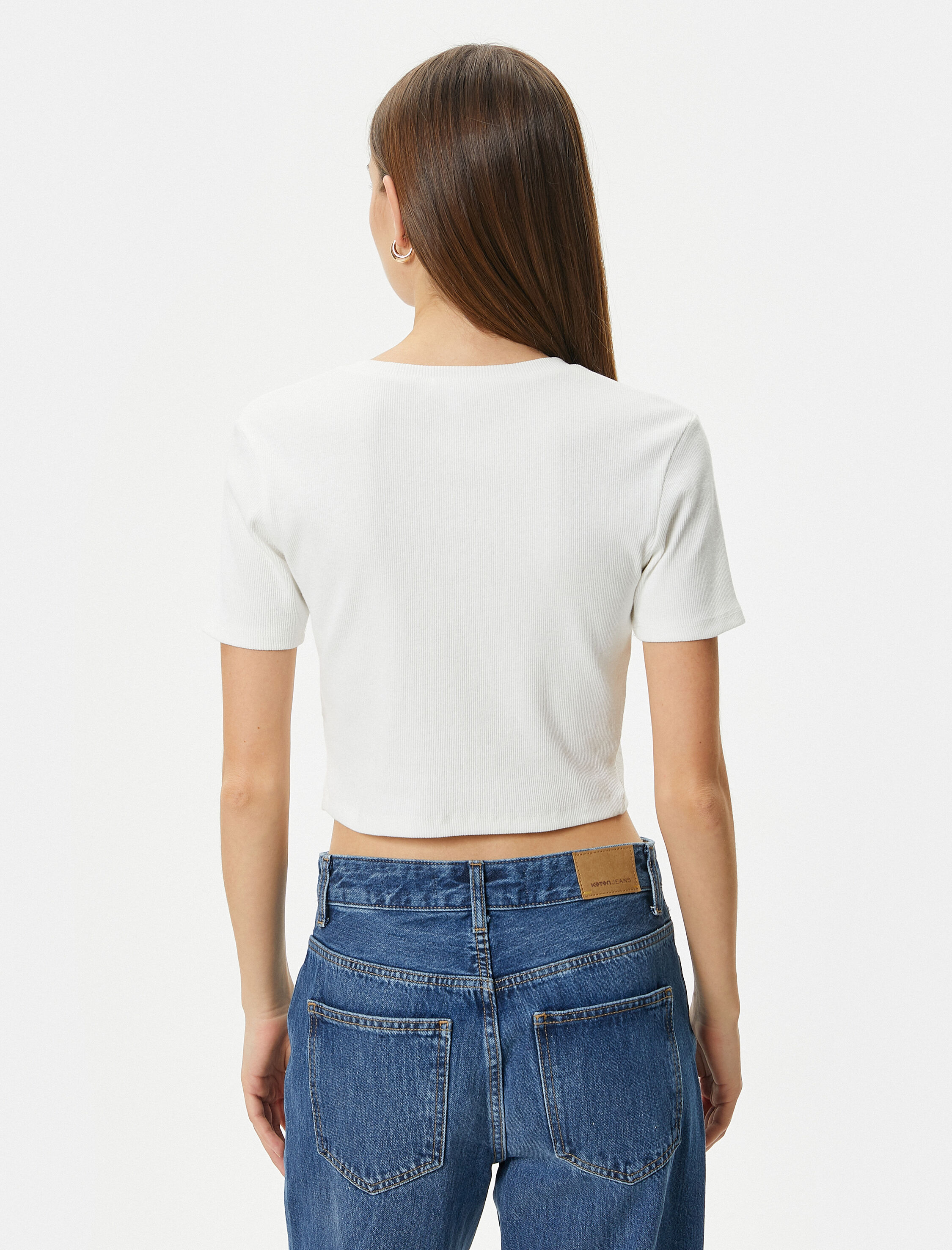   Basklı Krop Tişört Slim Fit Kısa Kollu Bisiklet Yaka Pamuklu