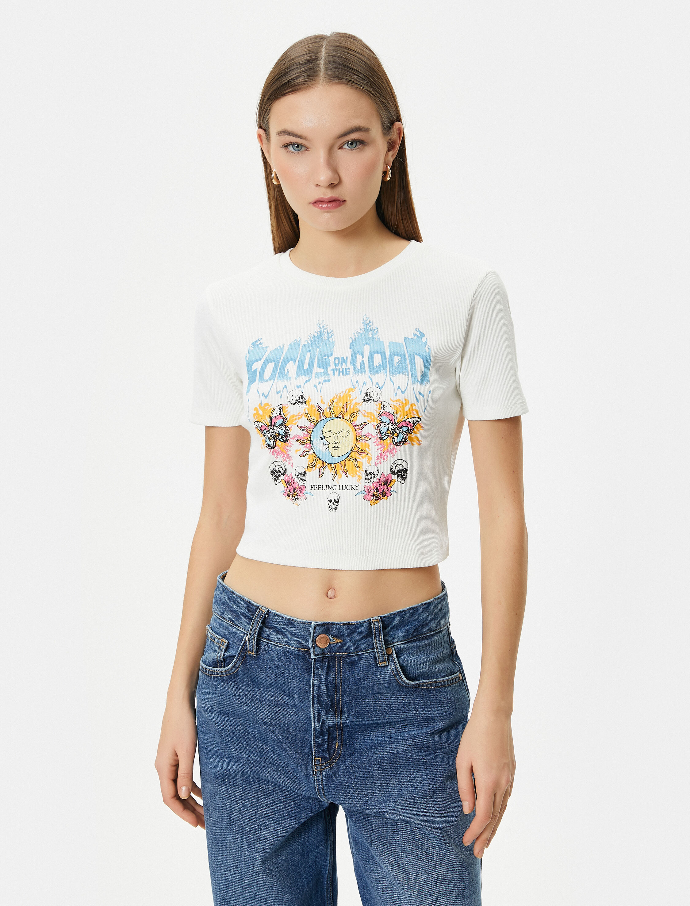   Basklı Krop Tişört Slim Fit Kısa Kollu Bisiklet Yaka Pamuklu