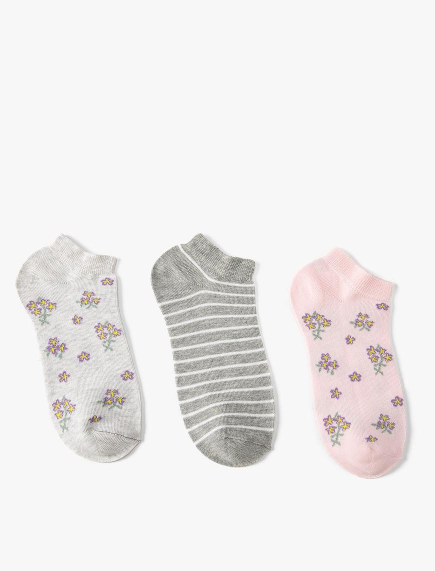  Kadın Çiçekli 3'lü Patik Çorap Seti Çok Renkli