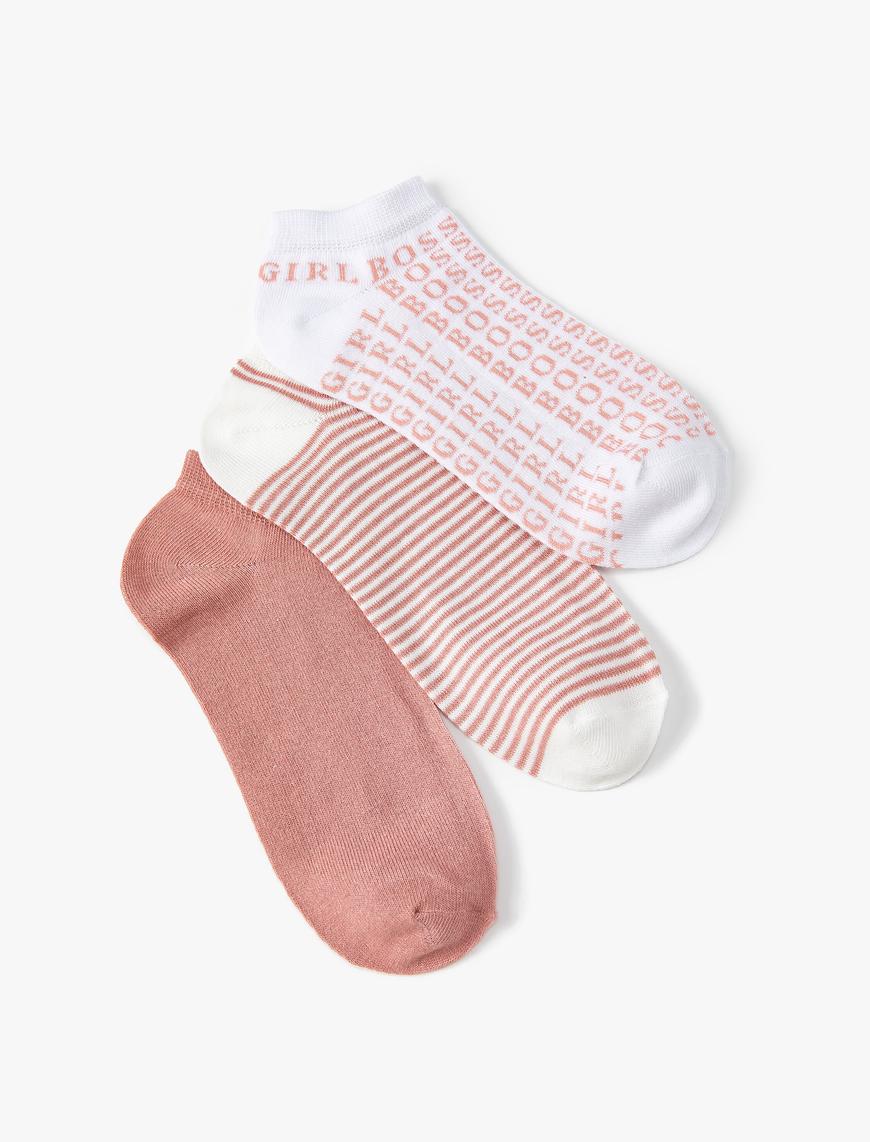  Kadın Çizgili 3'lü Patik Çorap Seti Slogan Detaylı Çok Renkli