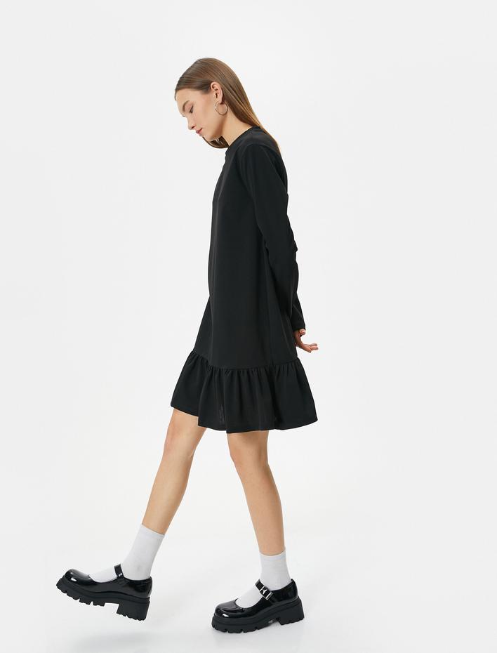  Mini Elbise Uzun Kollu Yuvarlak Yaka Etek Ucu Fırfırlı