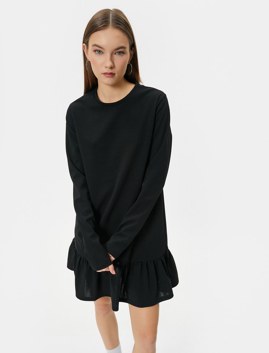   Mini Elbise Uzun Kollu Yuvarlak Yaka Etek Ucu Fırfırlı
