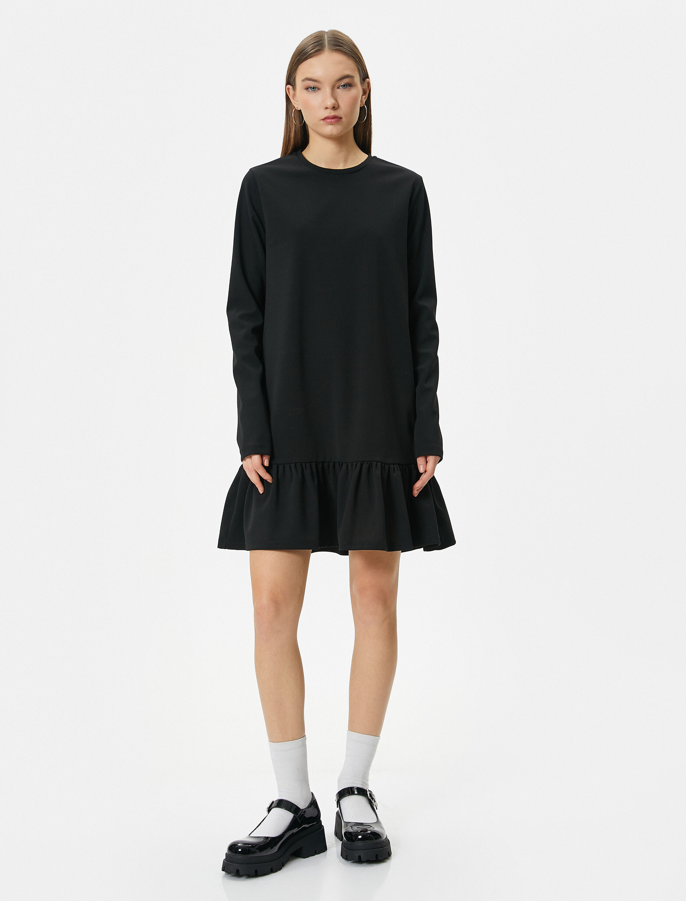   Mini Elbise Uzun Kollu Yuvarlak Yaka Etek Ucu Fırfırlı