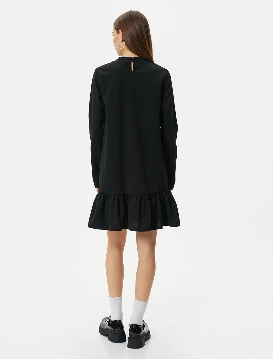  Mini Elbise Uzun Kollu Yuvarlak Yaka Etek Ucu Fırfırlı